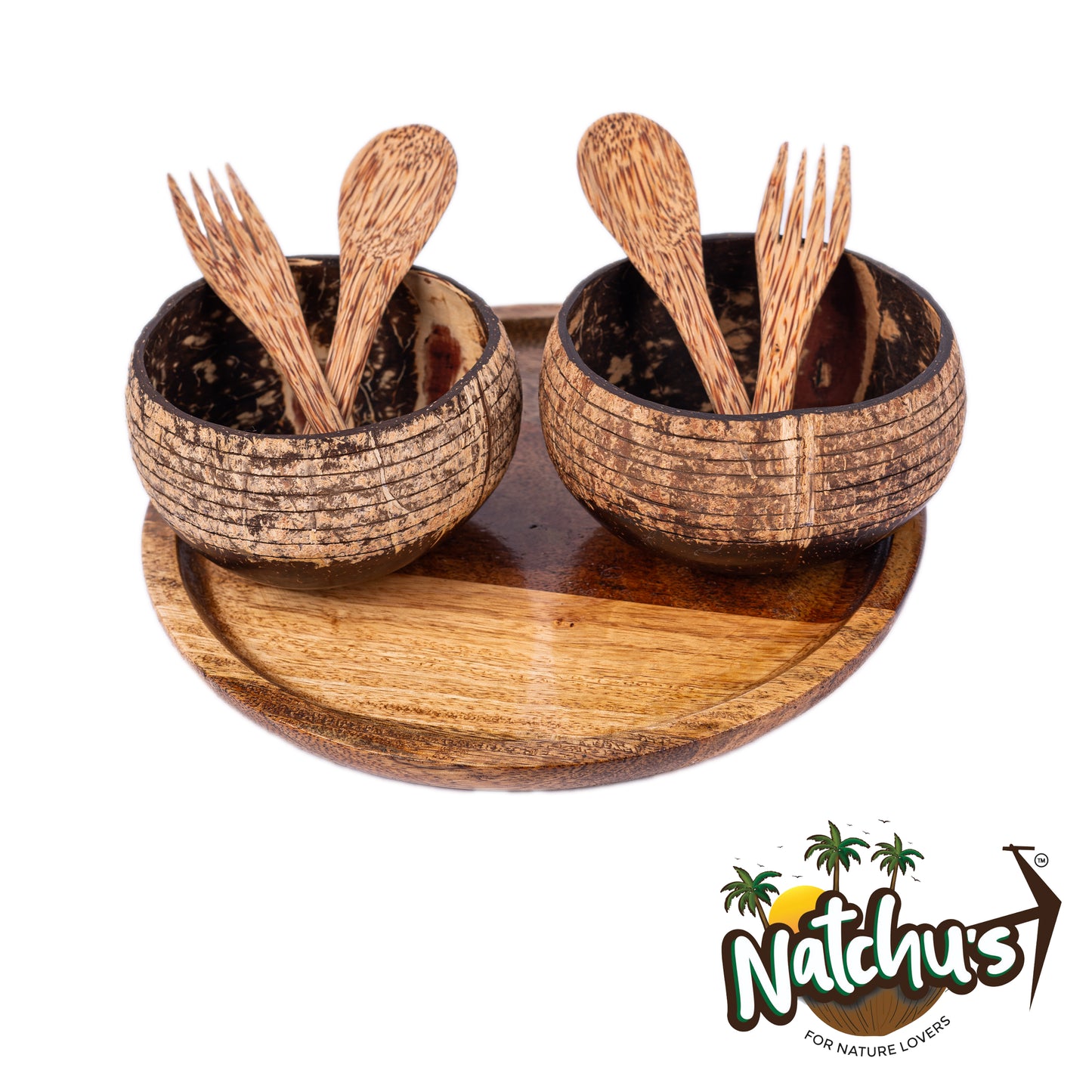 Natchu's Wooden Circular Plate(10")(Set of 1) with Designer Rice Bowl (900ml) Horizontal Design Type-2 with Spoon & Fork Combo (Set of 2 each)