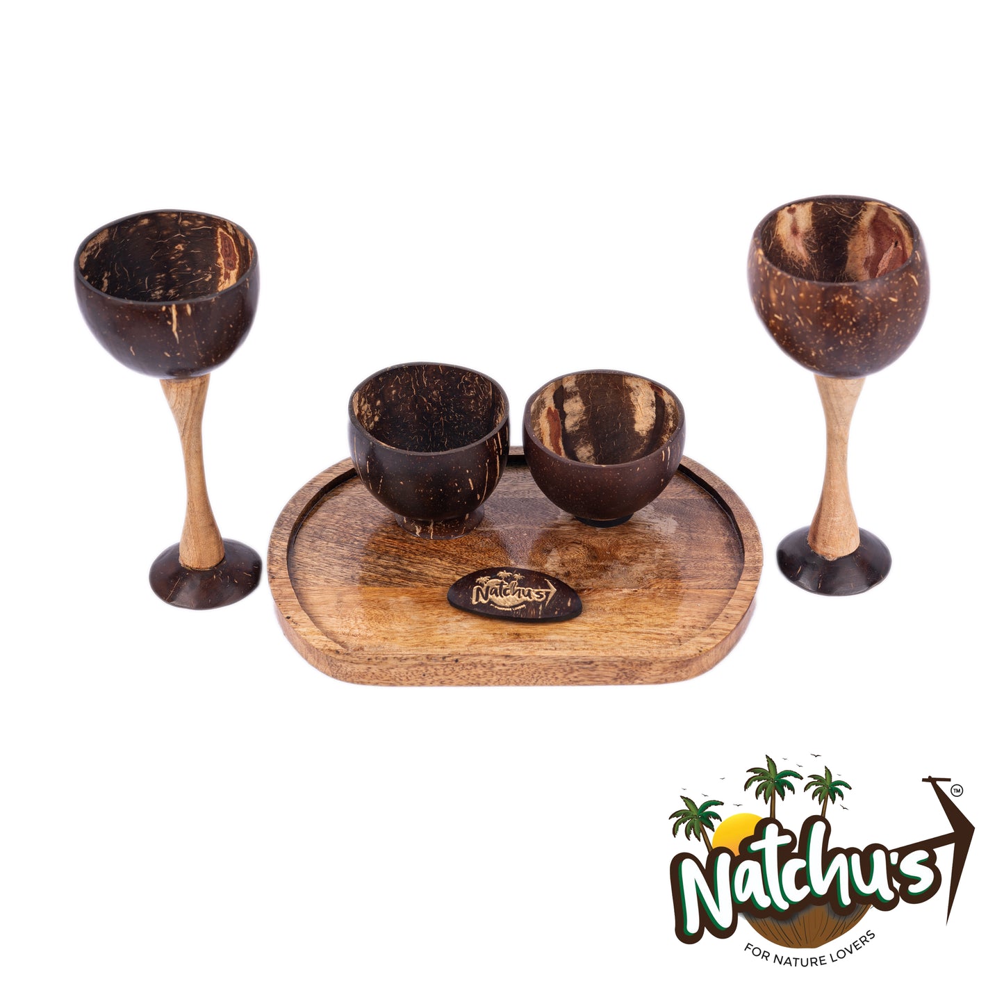 Natchu's Wooden Rectangular Plate(10" *7")(Set of 1) with Wine Cup (250ml) & Shot Glass (200ml) Combo (Set of 2 each)