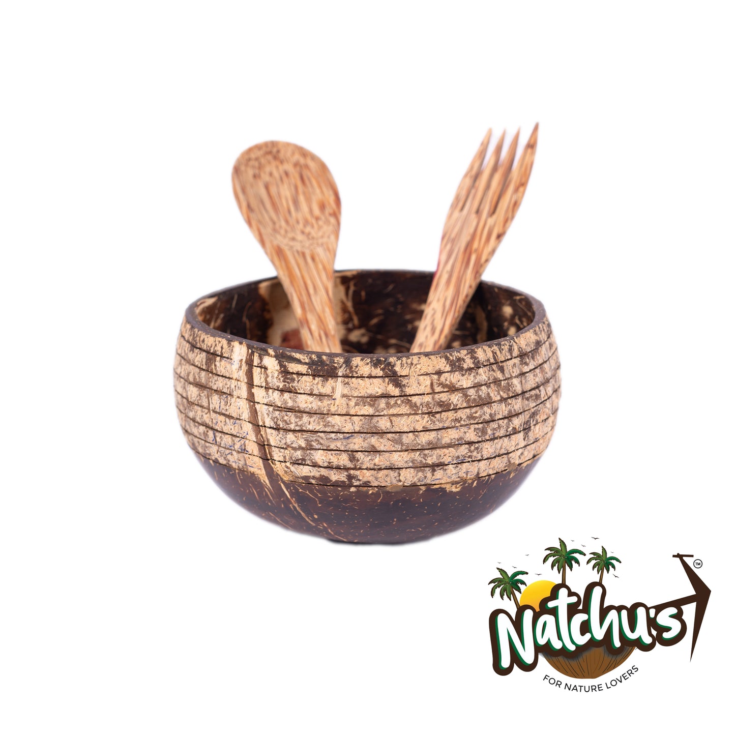 Natchu's Coconut Shell and wood based Designer Rice Bowl (900ml) Horizontal Design Type-1 with spoon & fork Combo (Set of 1 each)