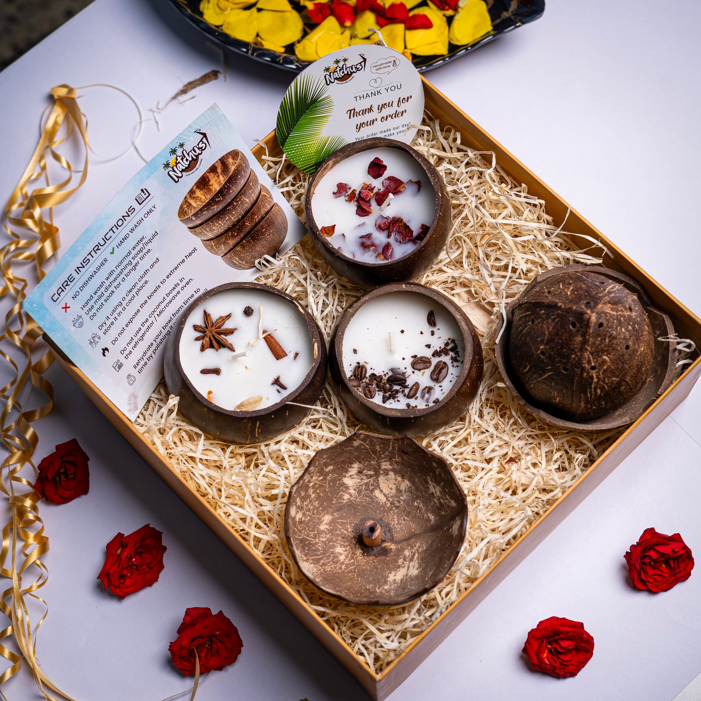 Gifting Natchu's Coconut Shell based Dhoop stand(Set of 1), Agarbatti Stand(Set of 1) and Candles as Glossy Round (100ml) Bowls filled with Rose & Spices Toppings (Set of 1 each)