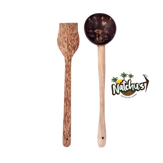 Natchu's Coconut Shell and wood based  Laddle & Saptula combo (Set of 1 each)