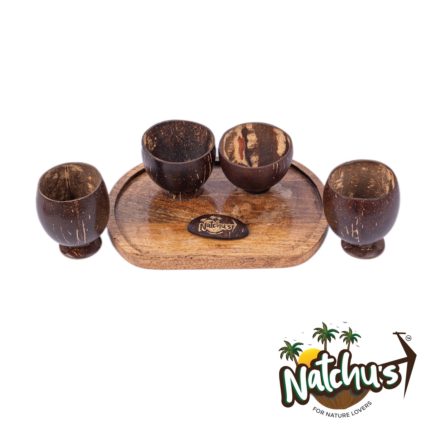 Natchu's Wooden Rectangular Plate(10" *7")(Set of 1) with Juice Cup (250ml) & Shot Glass (200ml)Combo (Set of 2 each)