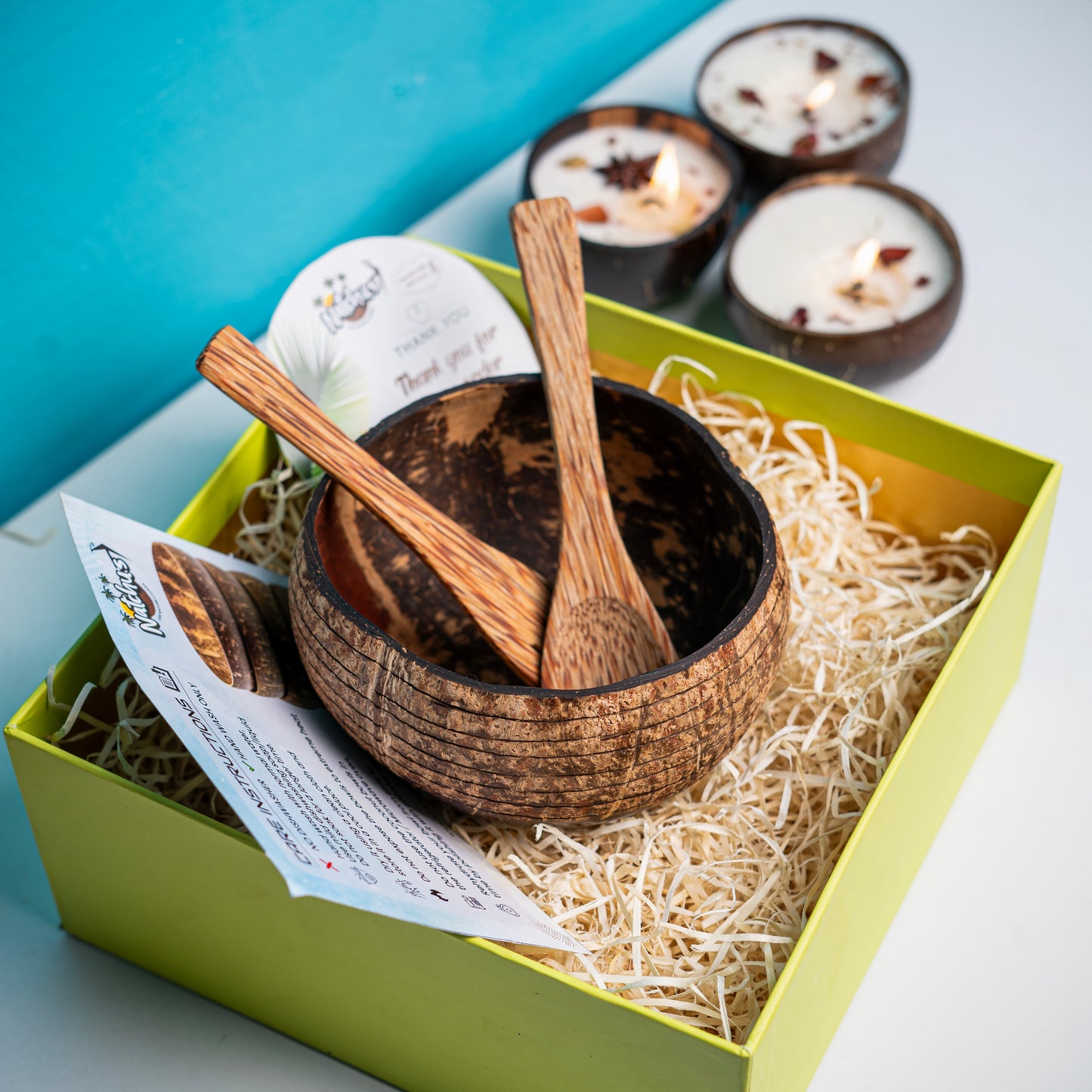 Gifting Natchu's Coconut Shell based Designer Rice Bowl (900ml) Horizontal Design Type-1 with Spoon & Fork Combo (Set of 1 each)