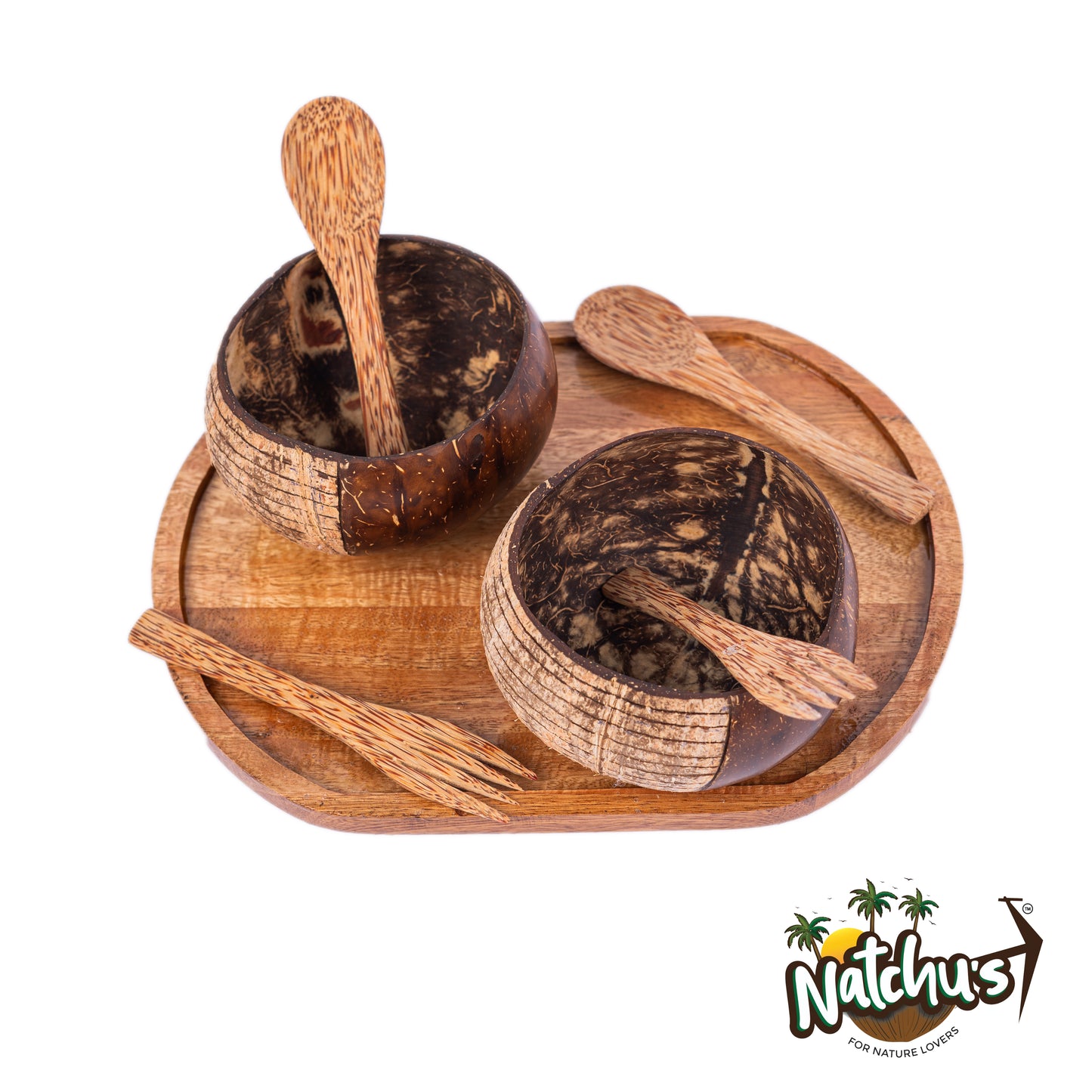 Natchu's Wooden Rectangular Plate(12" *9") (Set of 1) and Designer Rice Bowl (900ml) Vertical Design Type-1 with Spoon & Fork Combo (Set of 2 each)