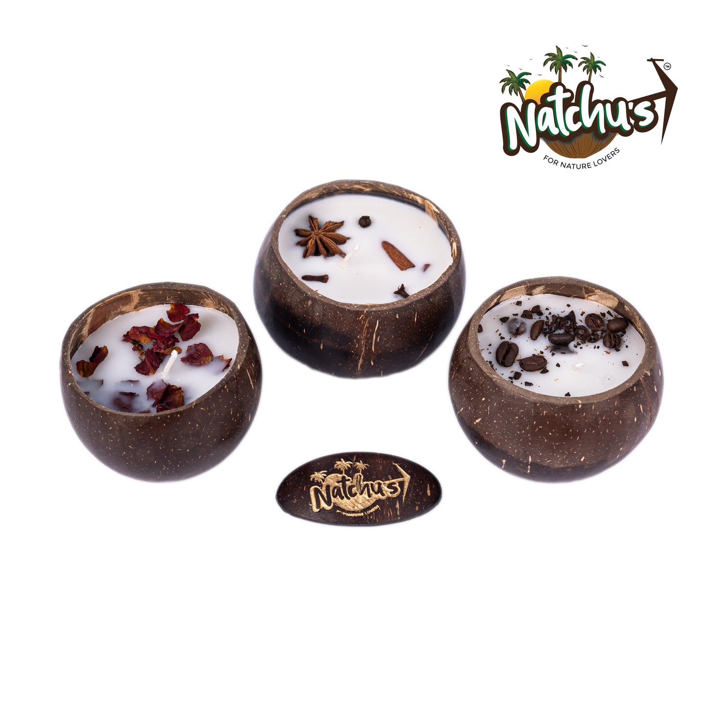 Natchu's Coconut Shell based Candles Glossy Round (150ml) -Rose,Spices & Coffee Beans Toppings (Set of each 1)