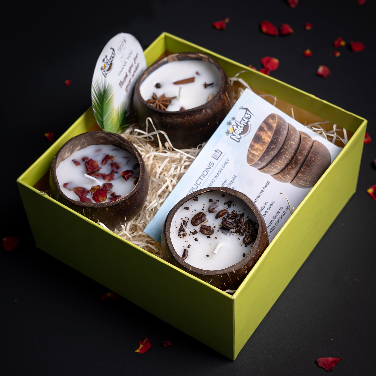 Gifting Natchu's Coconut Shell based Candles as Glossy Round (150ml) Bowls filled with Rose, Spices & Coffee BeansToppings (Set of 1 each)