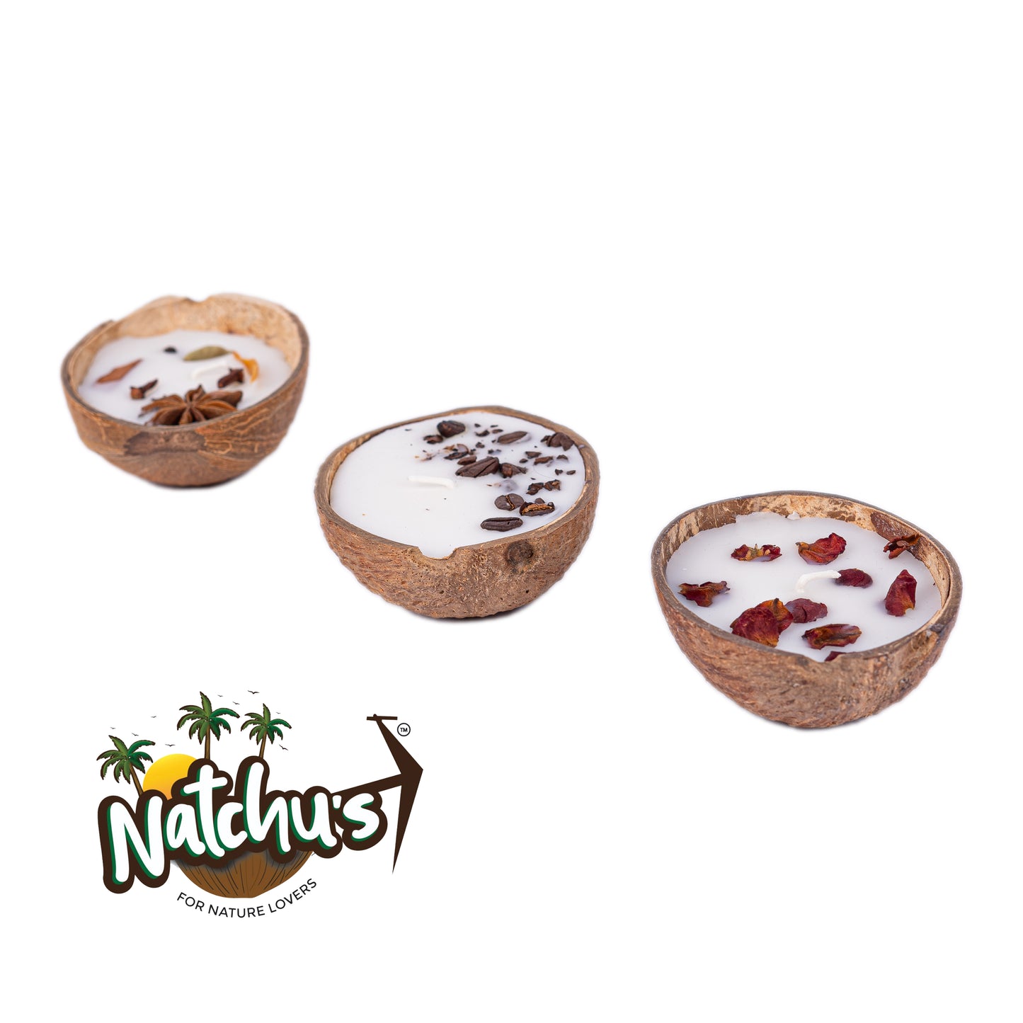 Natchu's Coconut Shell based Candles Mattee Oval (100ml) - Rose, Spices & Coffee Beans Toppings (Set of 1 each)