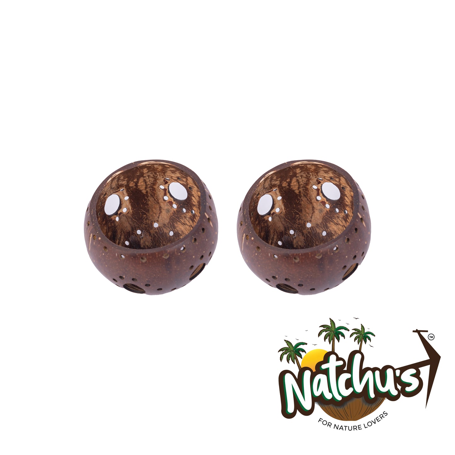 Natchu's Coconut Shell based Holder Glossy Floral Design with Larger holes (Set of 2)