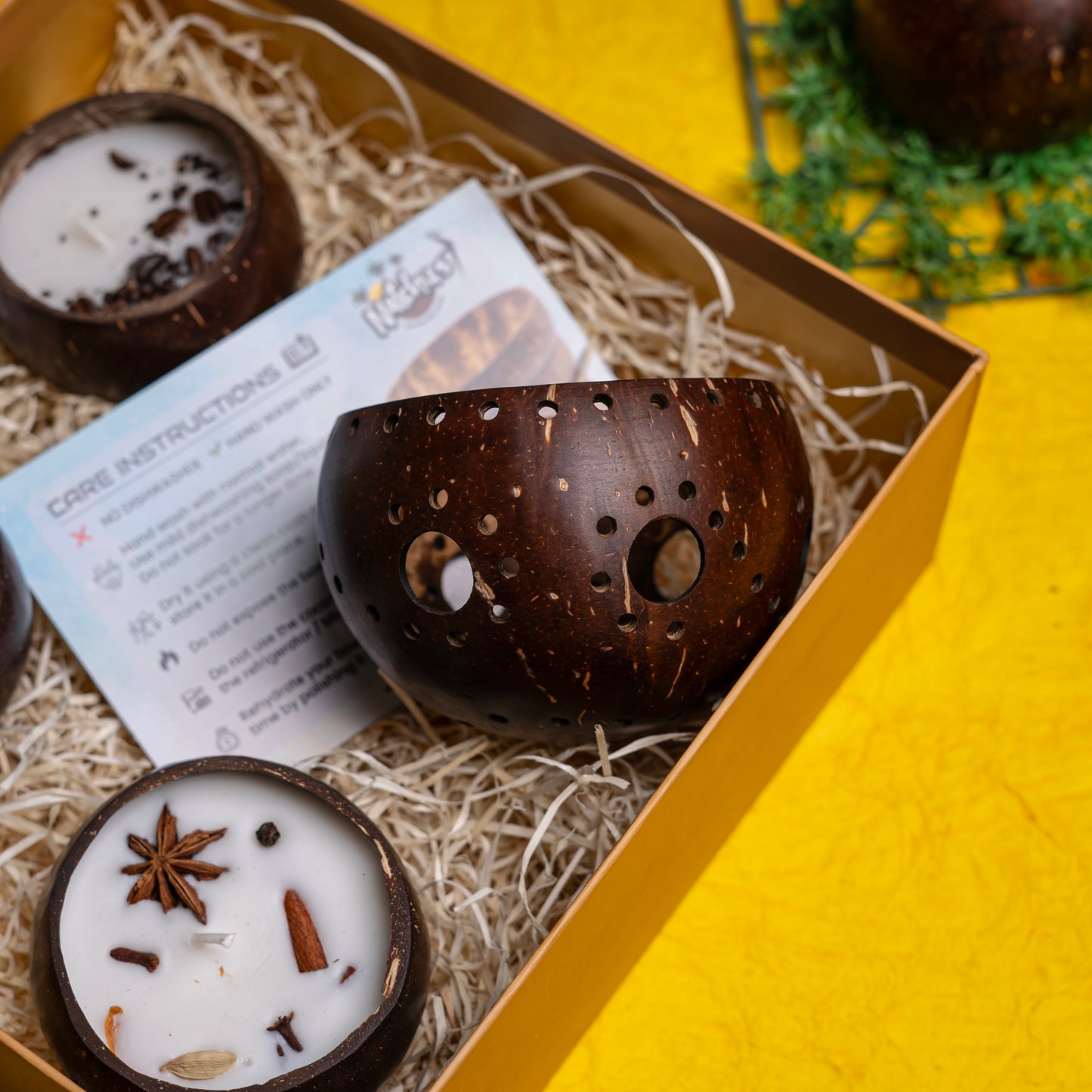 Gifting Natchu's Coconut Shell based Candle Holder Glossy Floral Design with Larger Holes(Set of 1) and Candles as Glossy Round (100ml) Bowls filled with Rose & Spices Toppings(Set of 1 each)