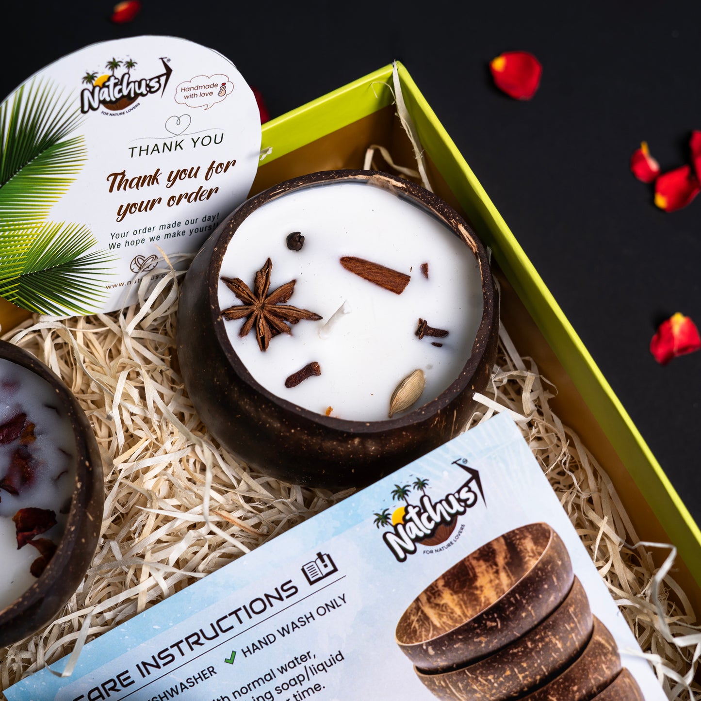 Gifting Natchu's Coconut Shell based Candles as Glossy Round (150ml) Bowls filled with Rose, Spices & Coffee BeansToppings (Set of 1 each)