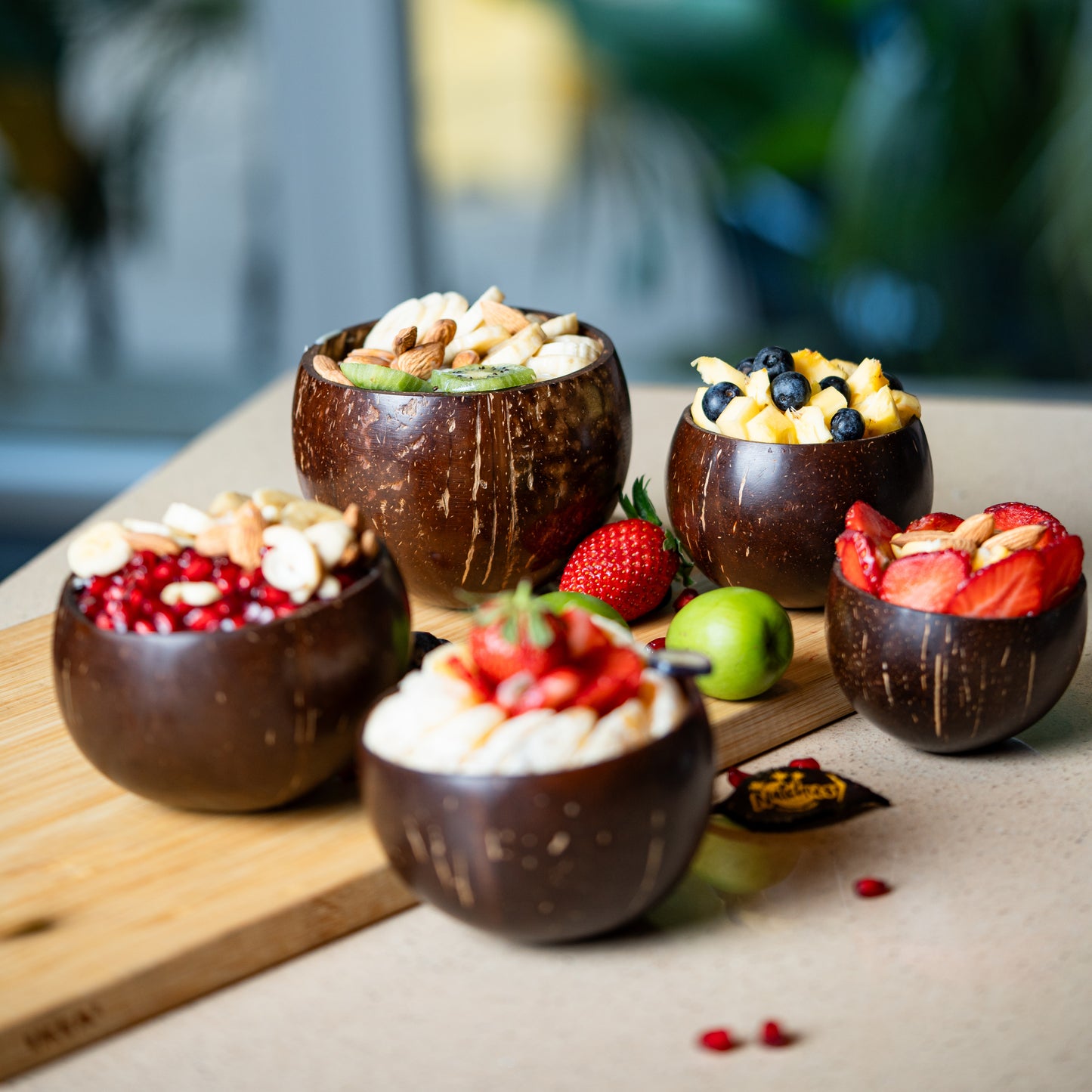 Natchu's Coconut Shell and wood based Glosyy Bowl(450ml) , Spoon & fork Combo (Set of 2 each)