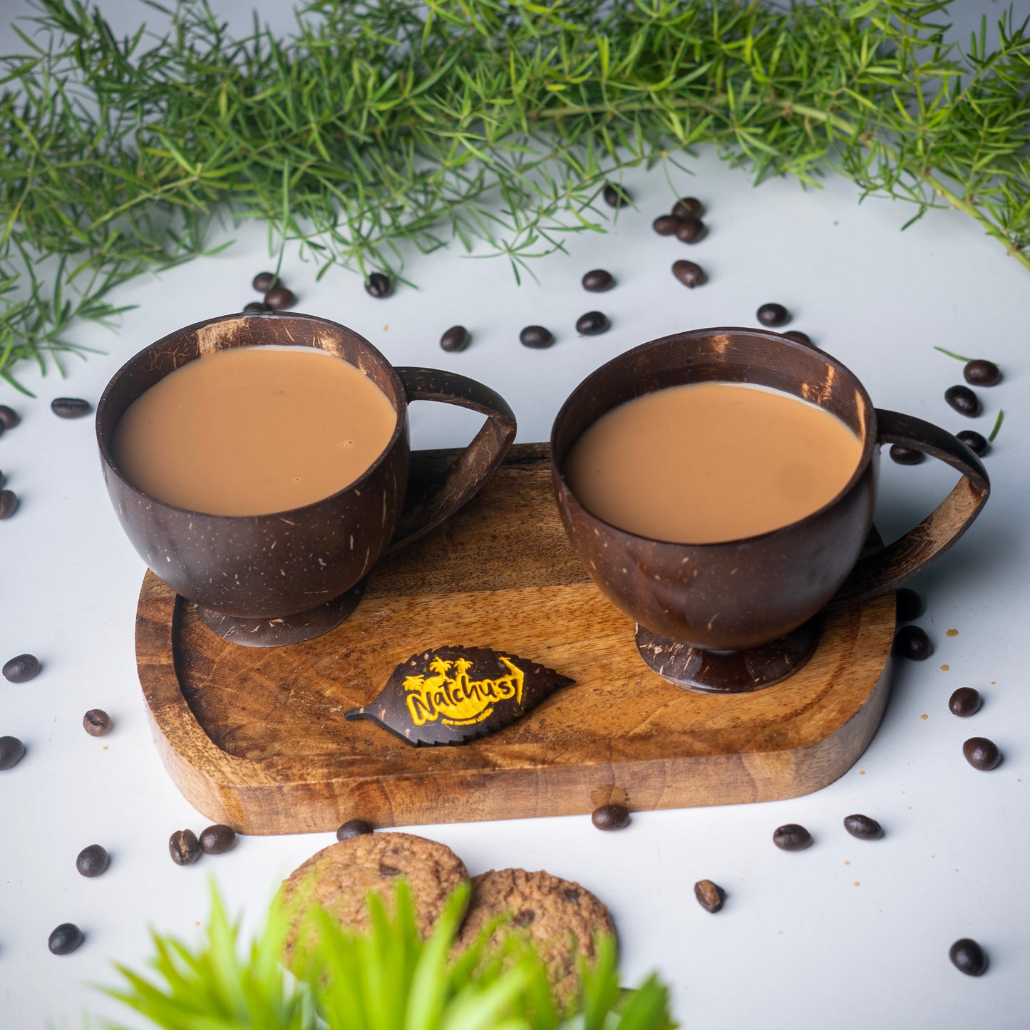 Natchu's Wooden Rectangular Plate(Size: 8 *5 inches) (Set of 1) with Coconut Shell based Tea Cup with Coconut Shell Handle (250ml) (Set of 2 each)