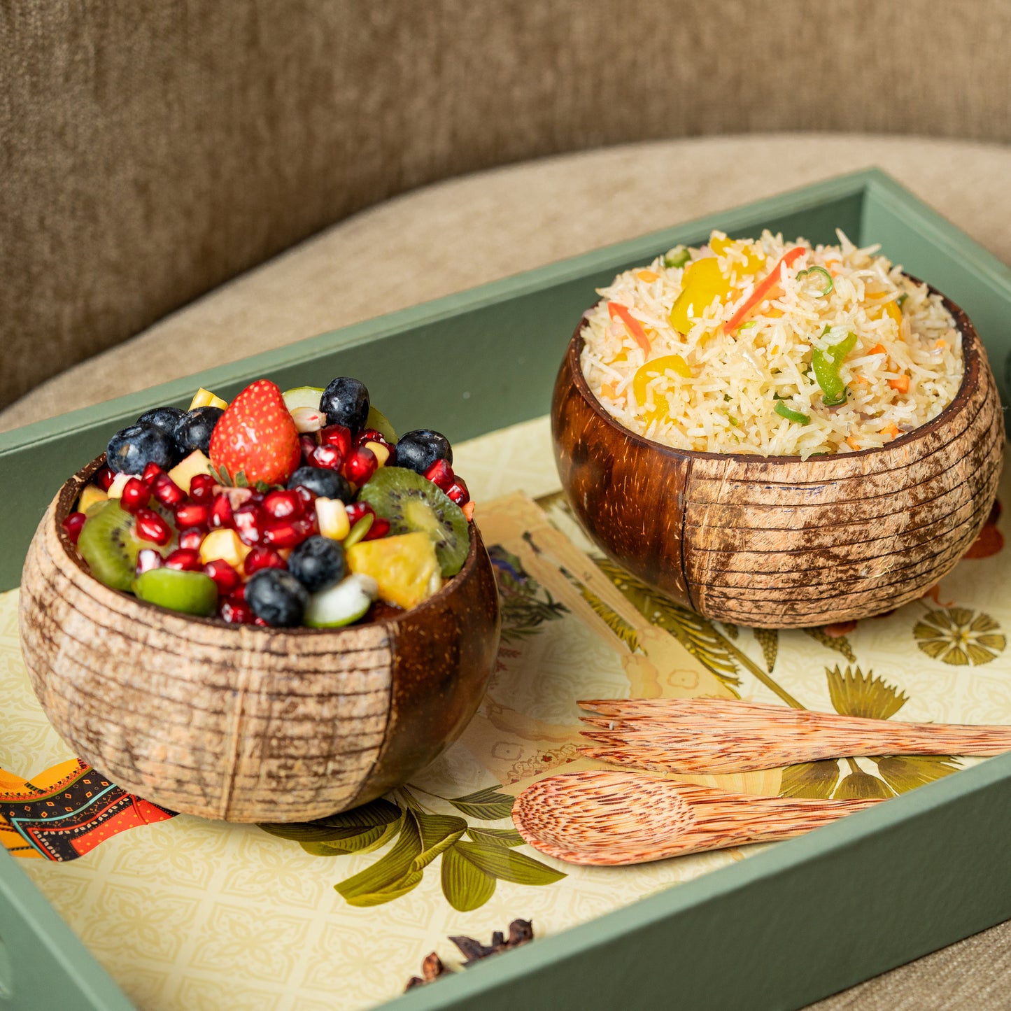 Natchu's Coconut Shell based Designer Rice Bowl (900ml) Vertical Design Type-1 with Coconut wood based Spoon & Fork Combo (Set of 1 each)