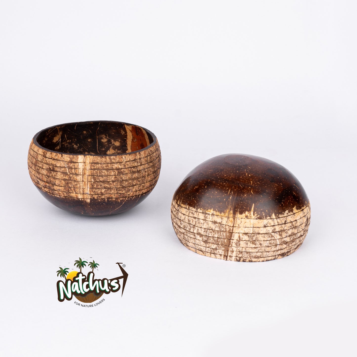 Natchu's Coconut Shell and wood based Designer Rice Bowl (900ml) Horizontal Design Type-1 with spoon & fork Combo (Set of 1 each)