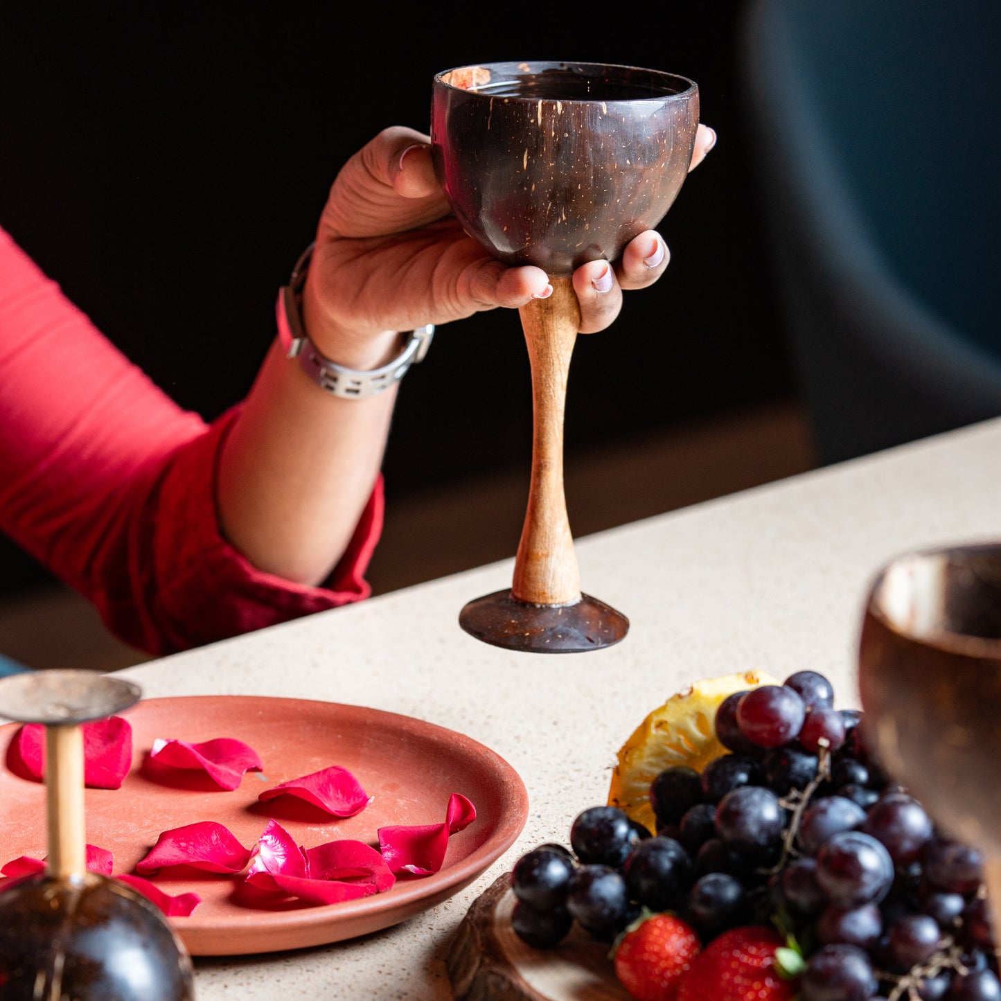 Natchu's Wooden Rectangular Plate(10" *7")(Set of 1) with Wine Cup (250ml) & Shot Glass (200ml) Combo (Set of 2 each)