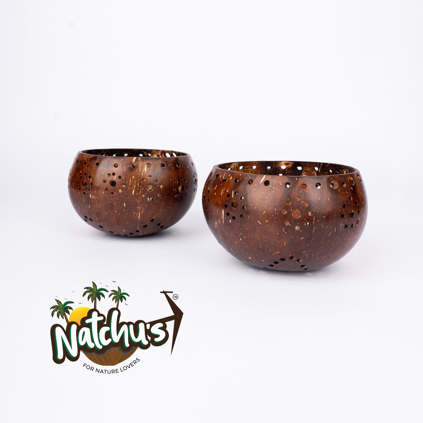 Natchu's Coconut Shell based Candle Holder Glossy Floral Design with small Holes (Set of 2)
