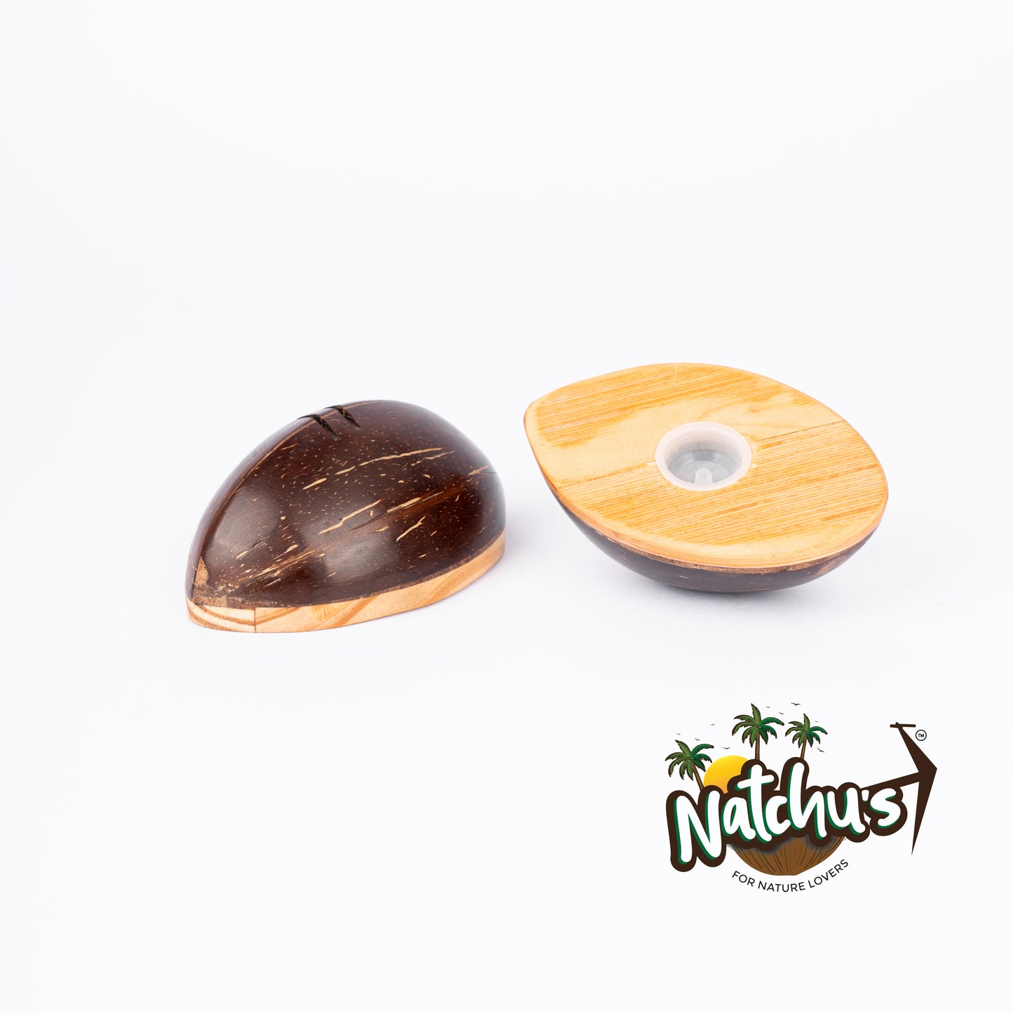 Natchu's Coconut Shell and wood based Salt/Pepper Shaker in Oval Shape with Engraving (Set of 2)