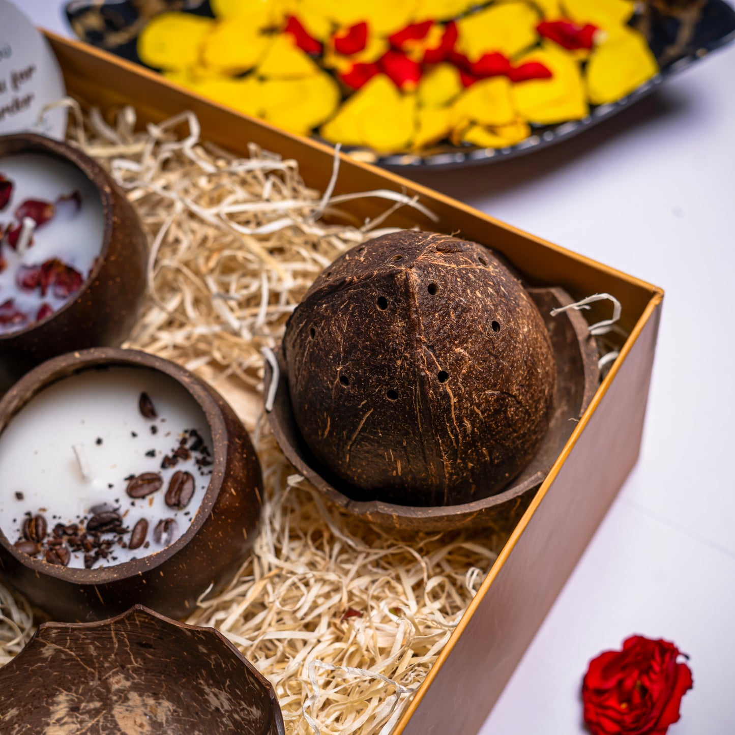 Gifting Natchu's Coconut Shell based Dhoop stand(Set of 1), Agarbatti Stand(Set of 1) and Candles as Glossy Round (100ml) Bowls filled with Rose & Spices Toppings (Set of 1 each)