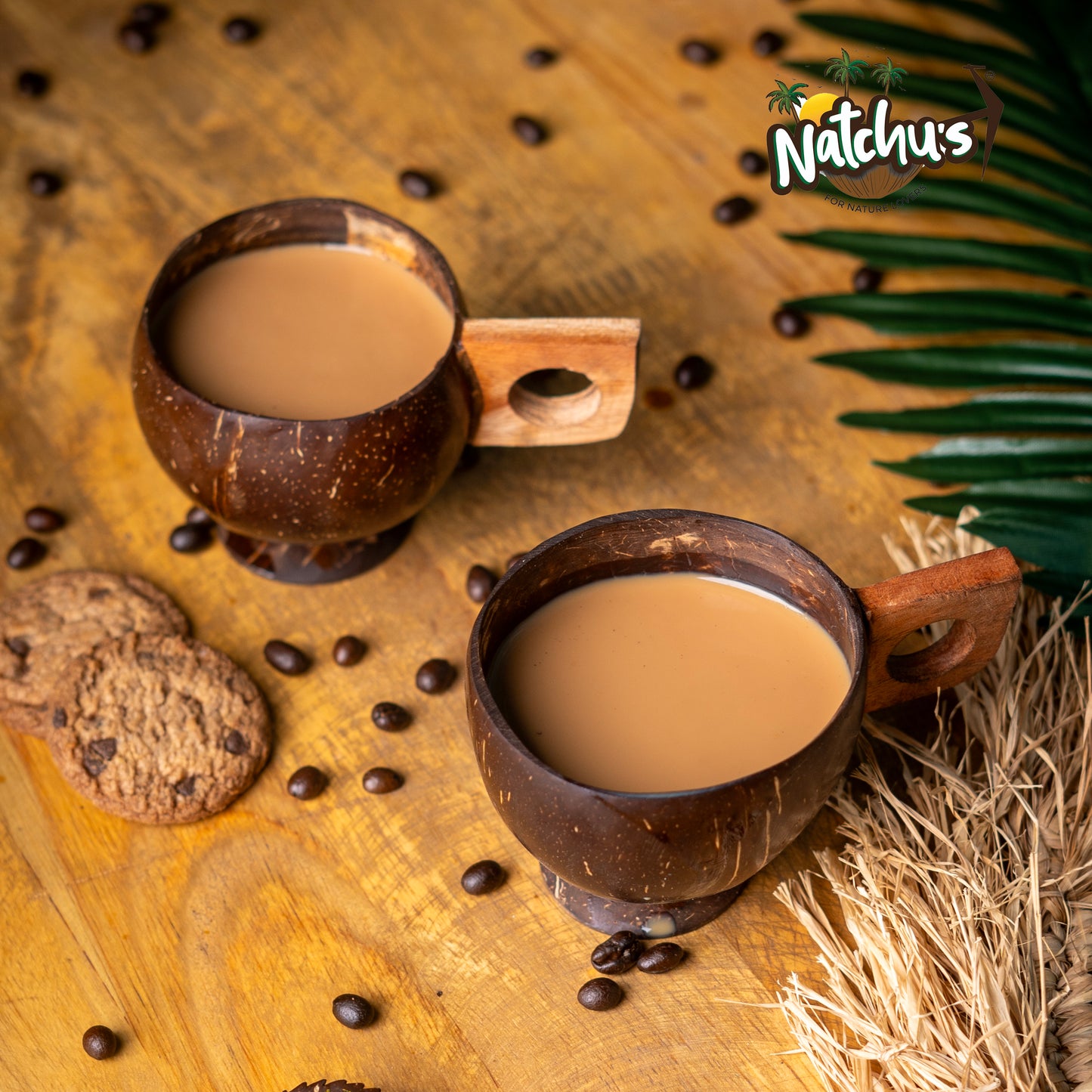 Natchu's Coconut Shell based Tea Cup with Wooden Handle (200ml) (Set of 2)