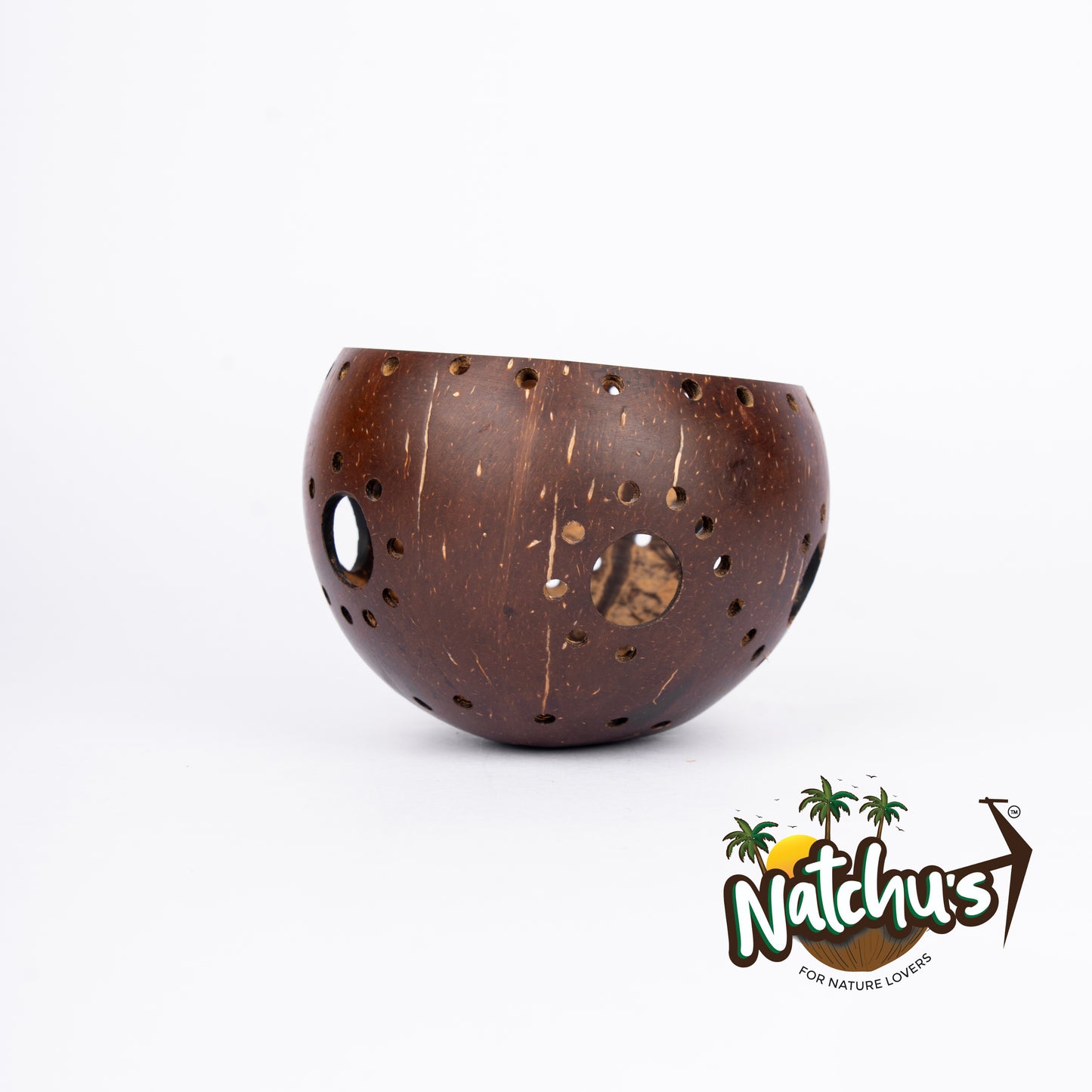 Natchu's Coconut Shell based Holder Glossy Floral Design with Larger holes (Set of 2)