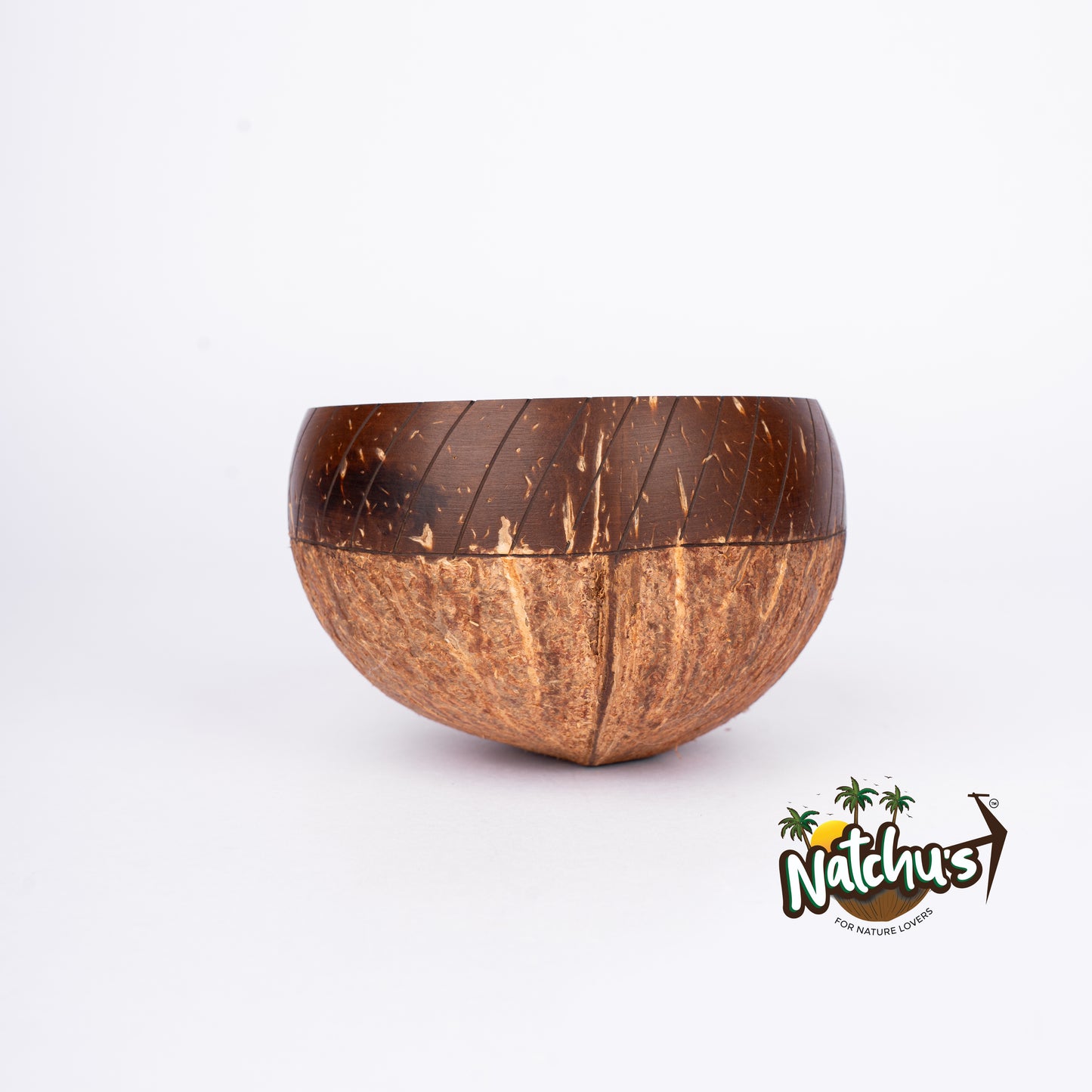 Natchu's Coconut Shell and wood based Designer Rice Bowl (900ml) Vertical Design Type-2 with spoon & fork Combo (Set of 1 each)