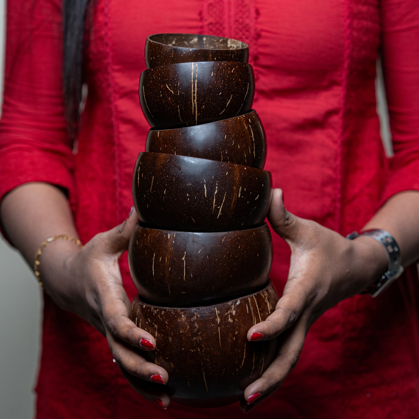 Natchu's Coconut Shell and wood based Glossy Bowl (150ml) & Spoon Combo (set of 2 each)