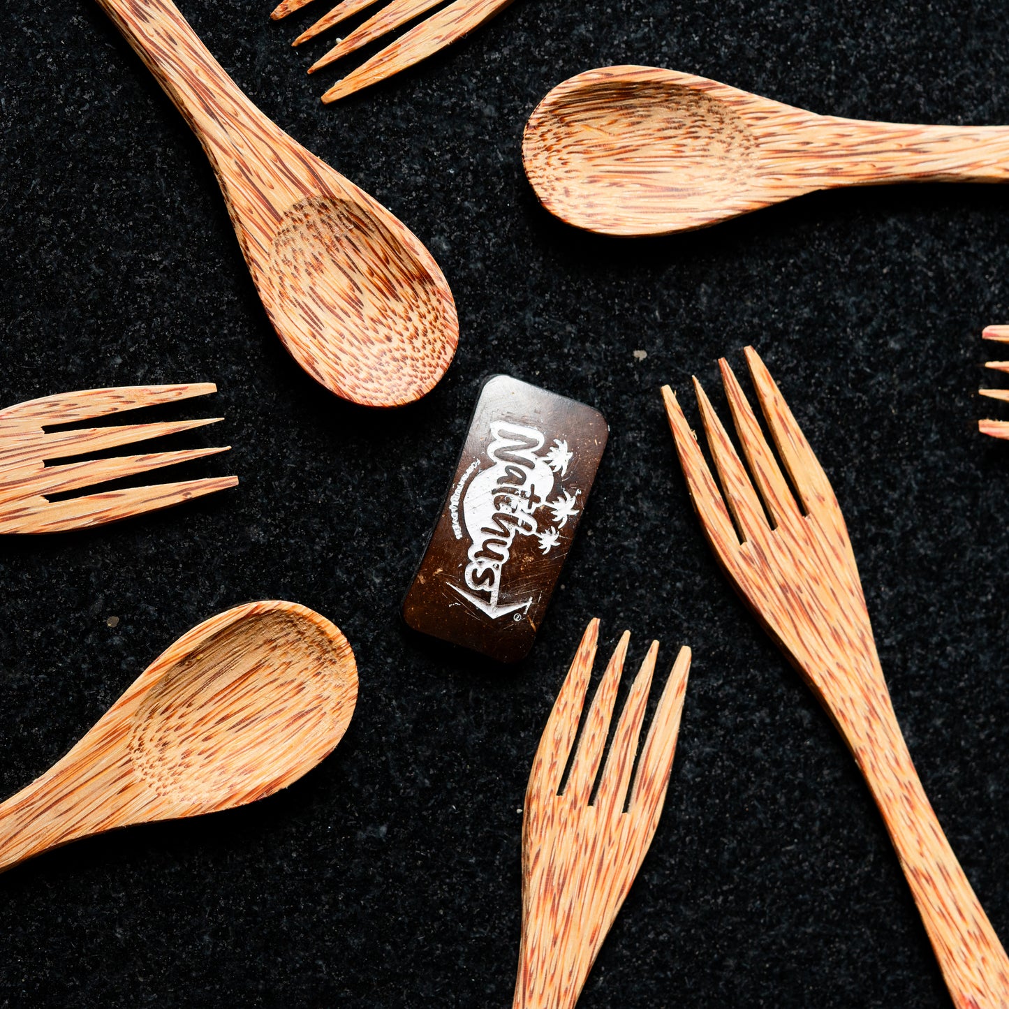 Natchu's Coconut Shell and wood based Glossy Bowl (250ml) , Spoon & fork Combo (set of 2 each)