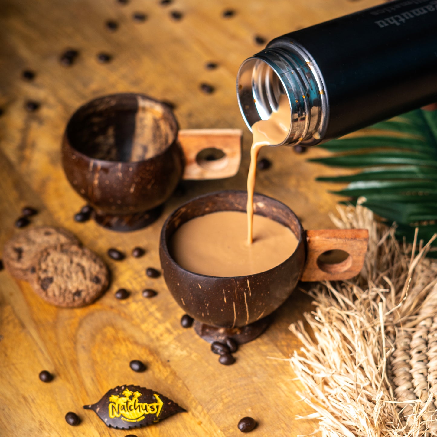 Natchu's Coconut Shell based Tea Cup with Wooden Handle (200ml) (Set of 2)