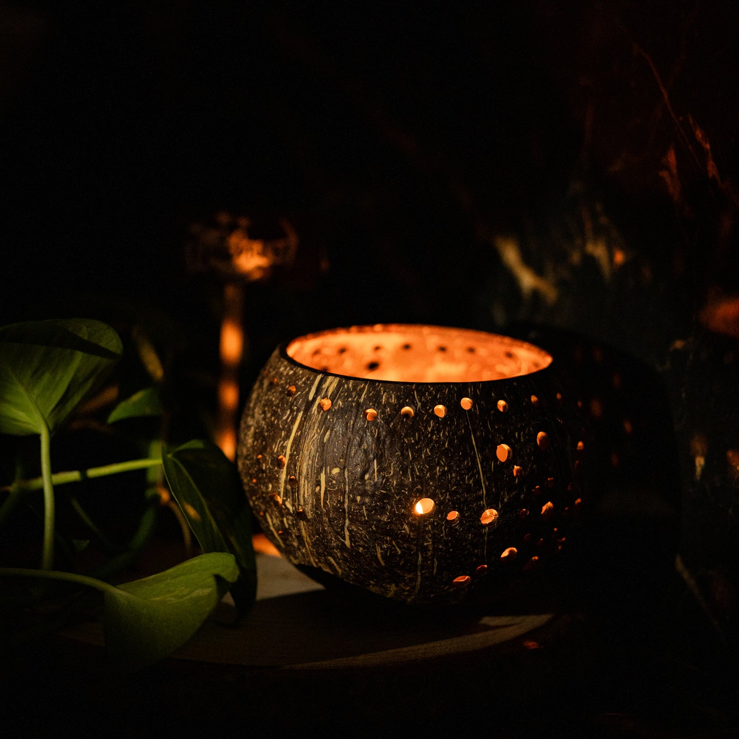 Natchu's Coconut Shell based Candle Holder Floral Mattee Design (Set of 2)