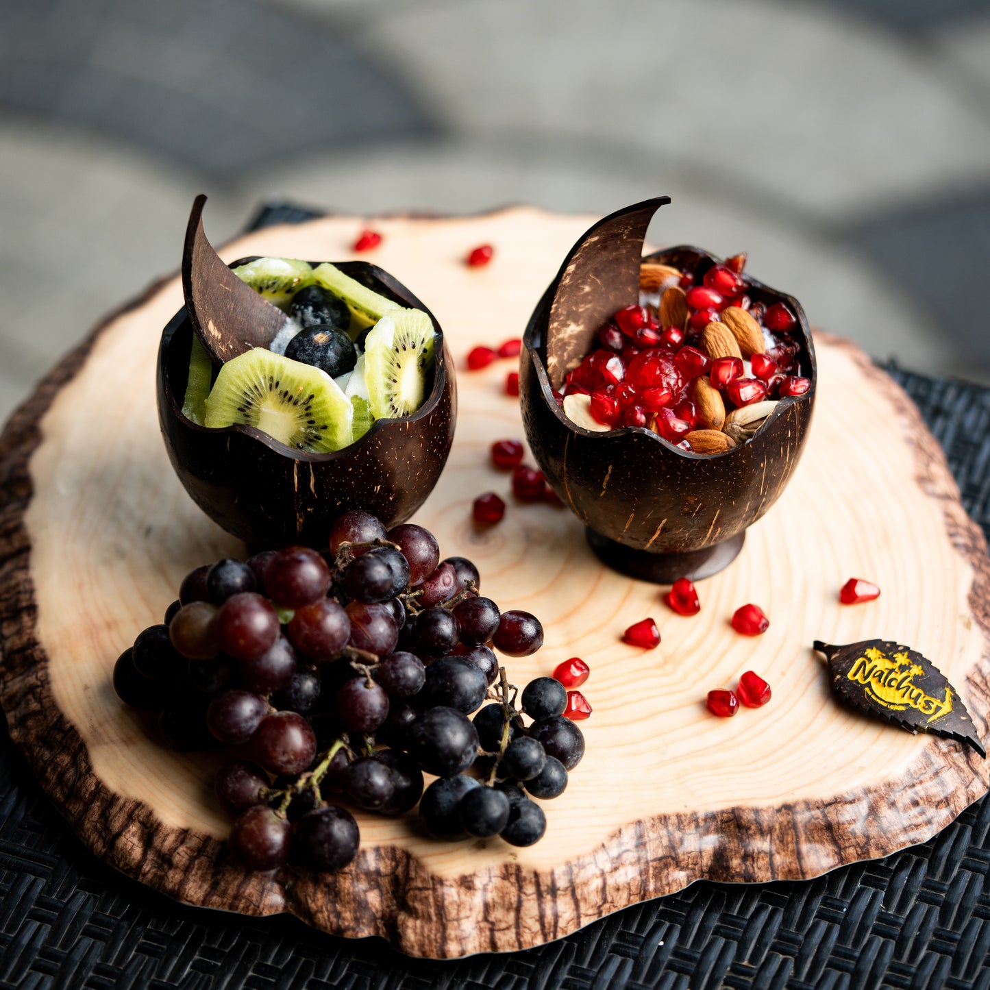 Natchu's Wooden Circular Plate(8")(Set of 1) with Designer Bowl (250ml) Lotus Shape with Scoop Combo (Set of 2 each)
