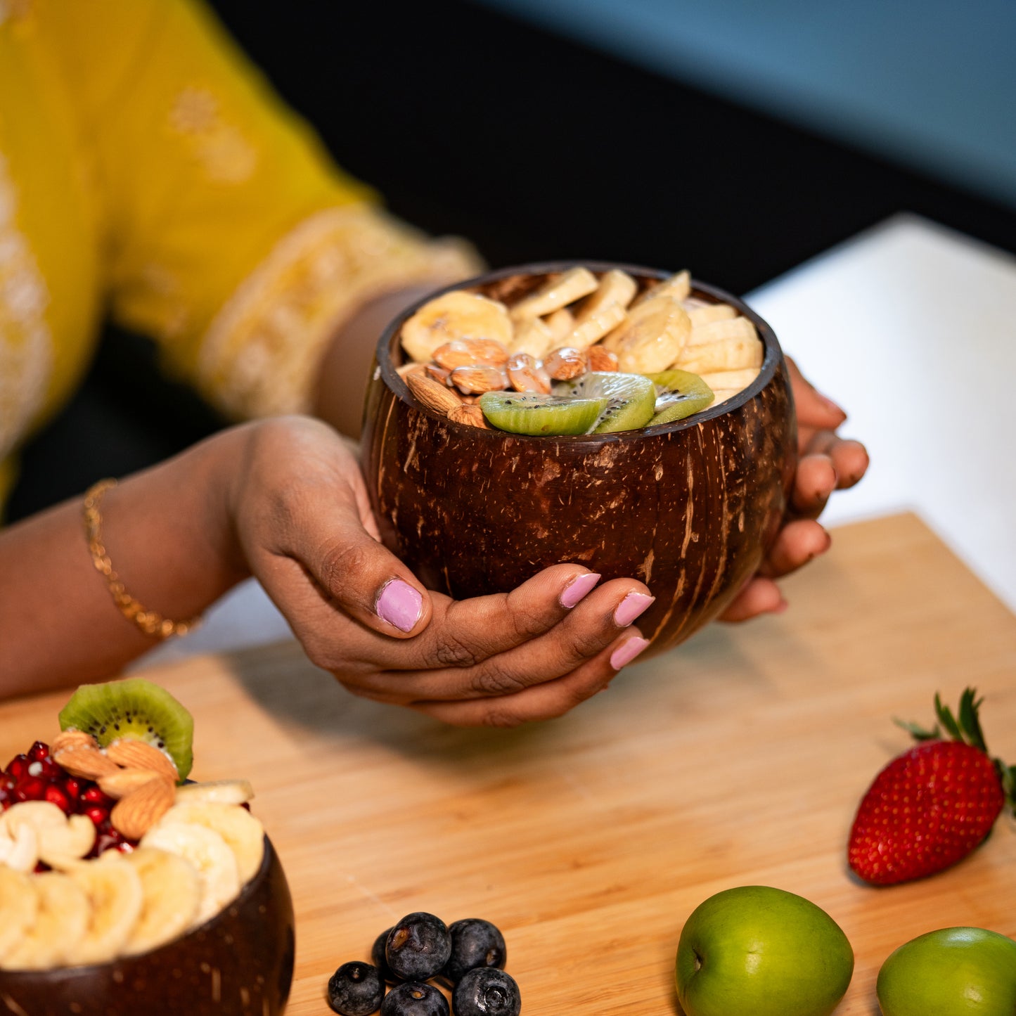Natchu's Coconut Shell and wood based Glosyy Bowl(450ml) , Spoon & fork Combo (Set of 2 each)
