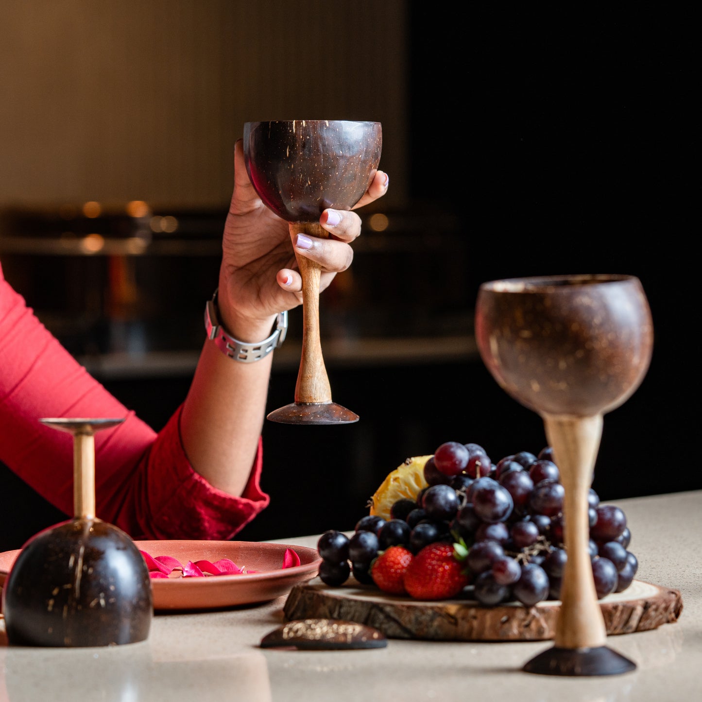 Natchu's Wooden Rectangular Plate(10" *7")(Set of 1) with Wine Cup (250ml) & Shot Glass (200ml) Combo (Set of 2 each)