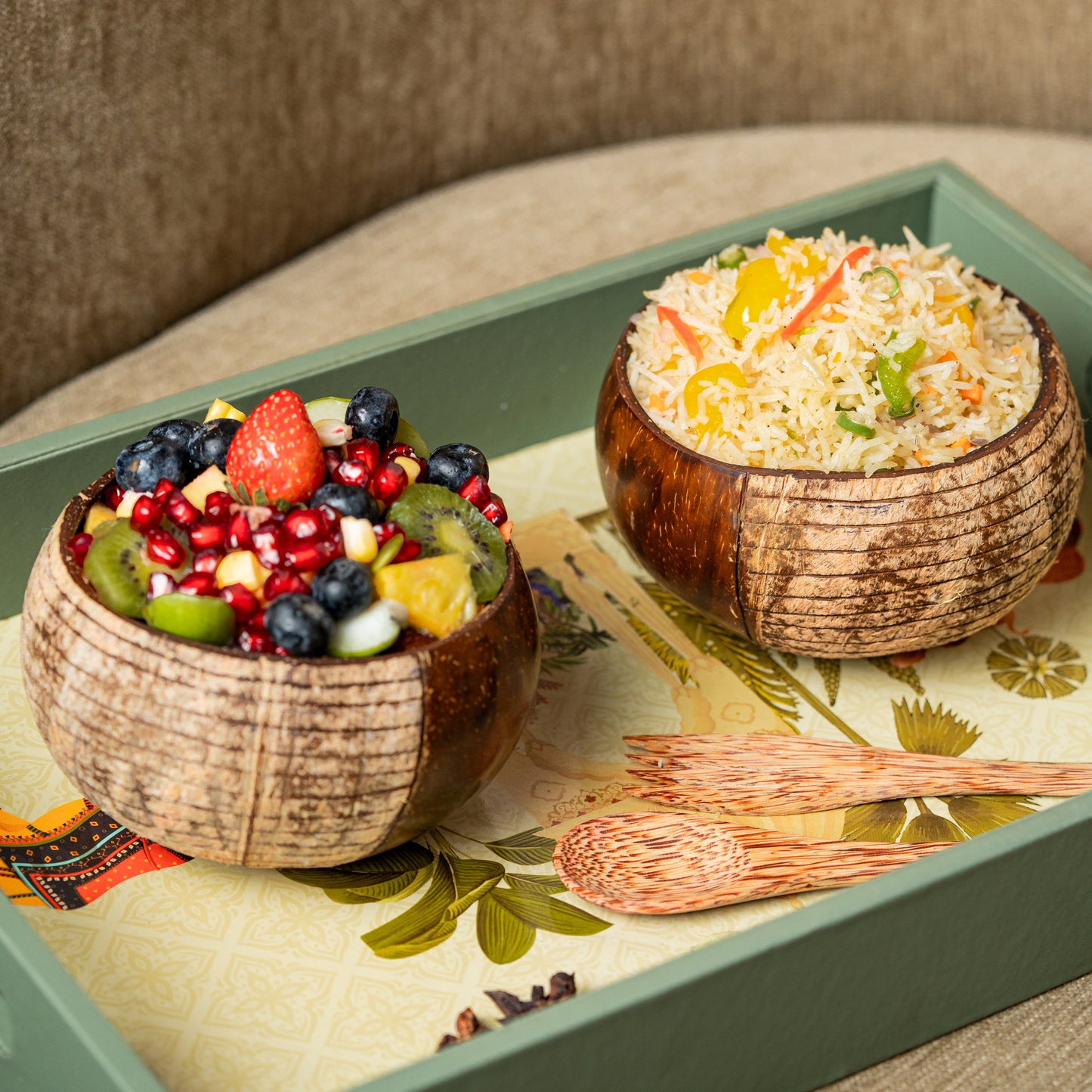 Natchu's Wooden Rectangular Plate(12" *9") (Set of 1) and Designer Rice Bowl (900ml) Vertical Design Type-1 with Spoon & Fork Combo (Set of 2 each)