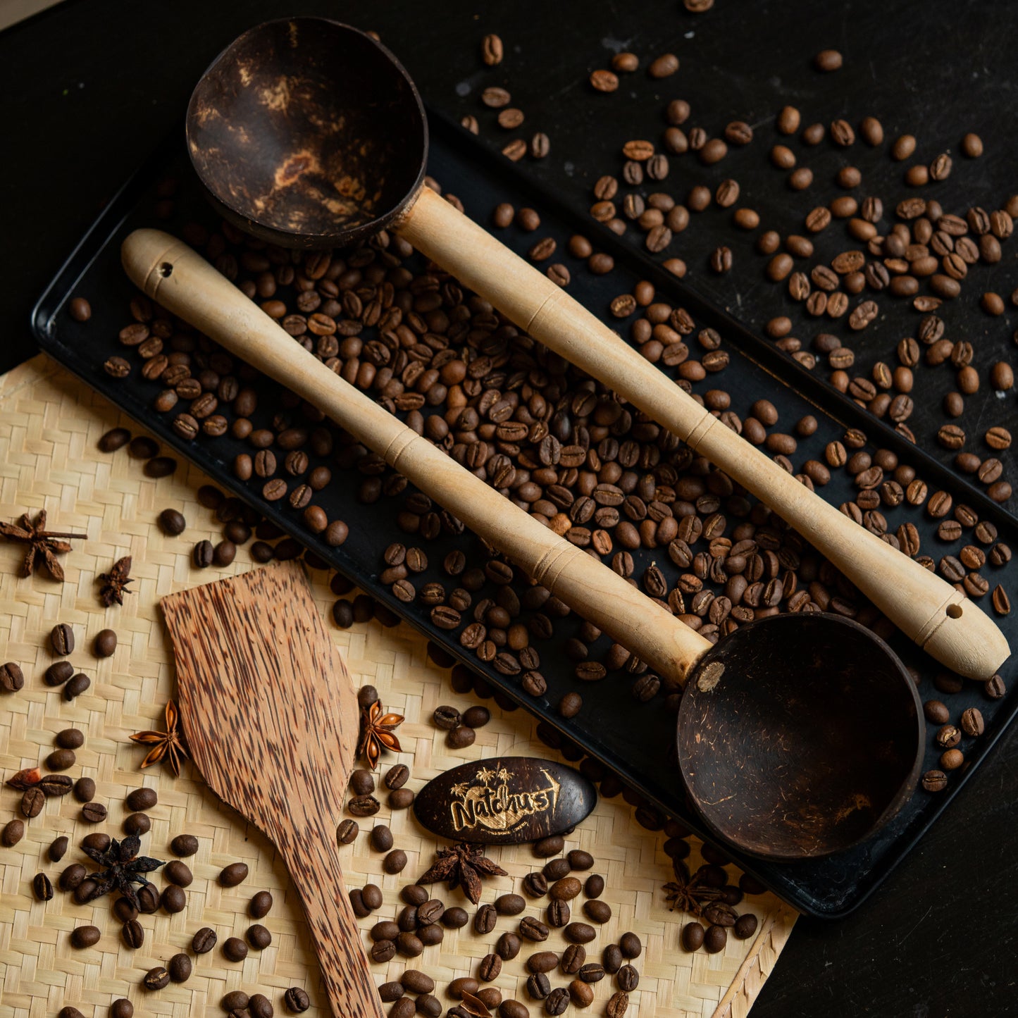 Natchu's Coconut Shell and wood based Laddle & Spatula (set of 1 each) Combo & Masala Spoon (Set of 6)