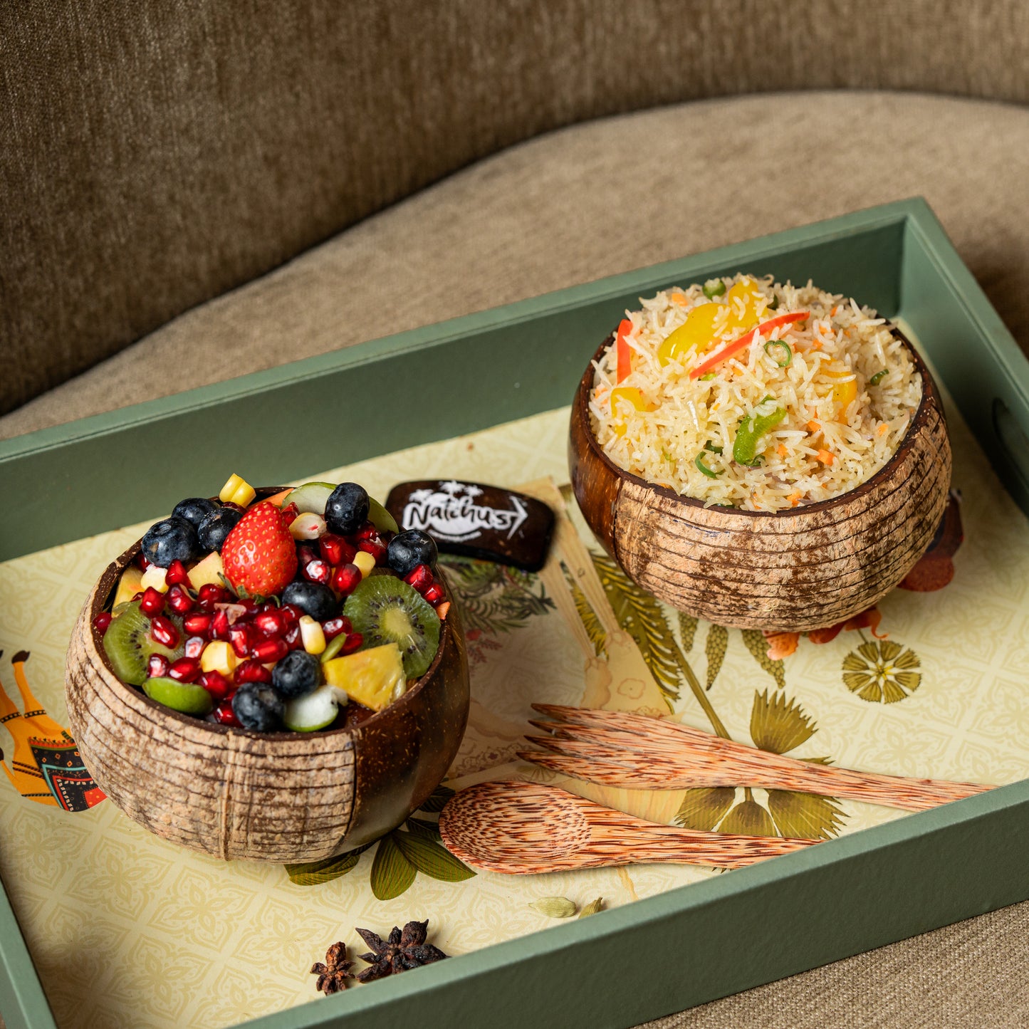 Natchu's Coconut Shell based Designer Rice Bowl (900ml) Vertical Design Type-1 with Coconut wood based Spoon & Fork Combo (Set of 1 each)