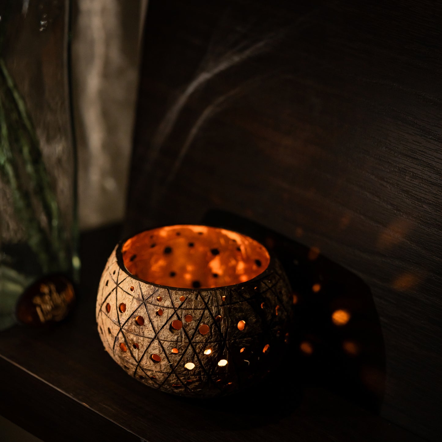 Natchu's Coconut Shell based Candle Holder Geometrical Mattee Design (Set of 2)