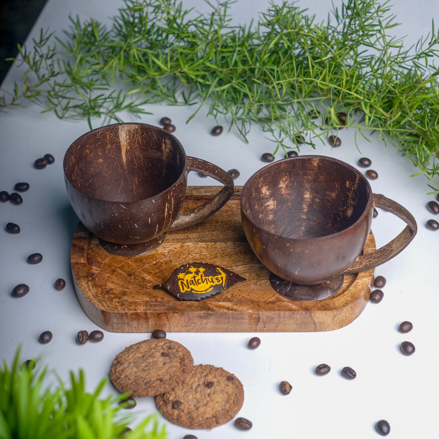 Natchu's Wooden Rectangular Plate(Size: 8 *5 inches) (Set of 1) with Coconut Shell based Tea Cup with Coconut Shell Handle (250ml) (Set of 2 each)