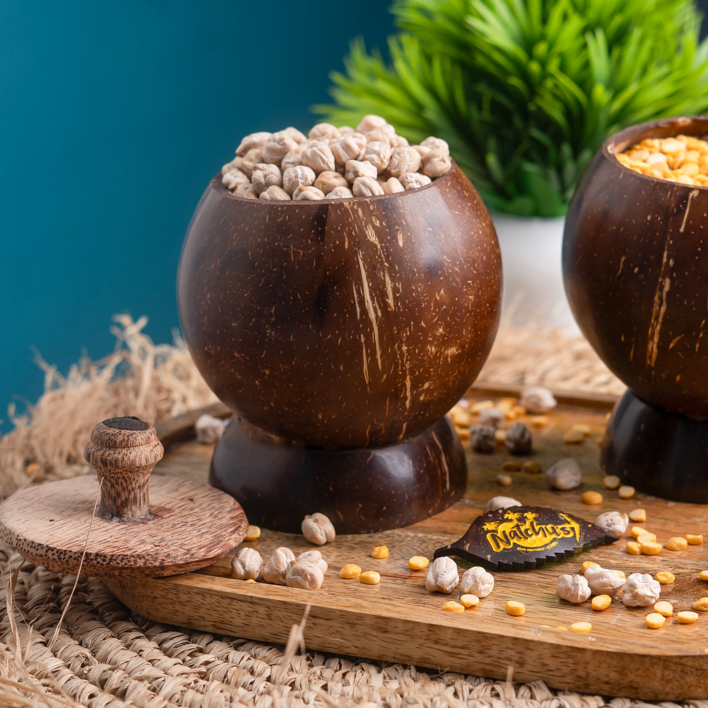 Natchu's Coconut Shell based container with Coconut wood lid (300ml) (Set of 1)