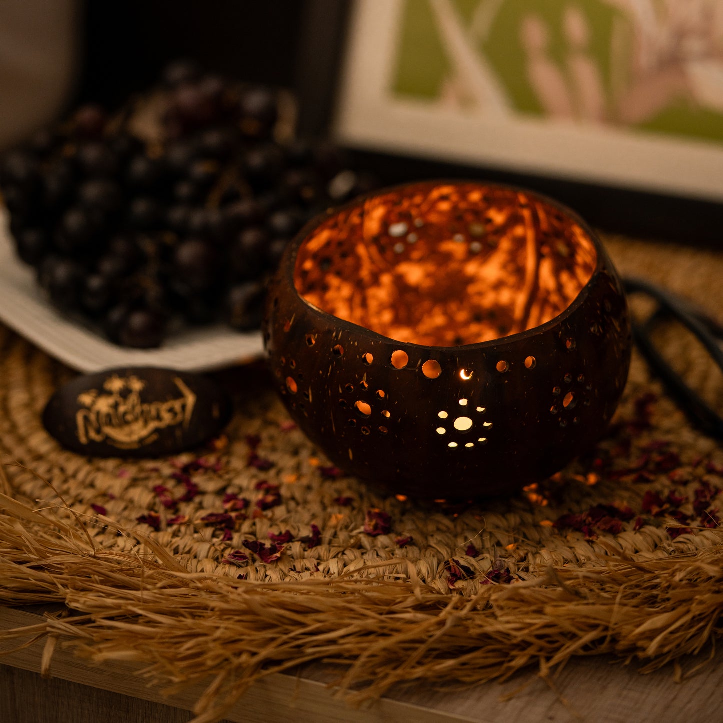 Natchu's Coconut Shell based Candle Holder Glossy Floral Design with small Holes (Set of 2)