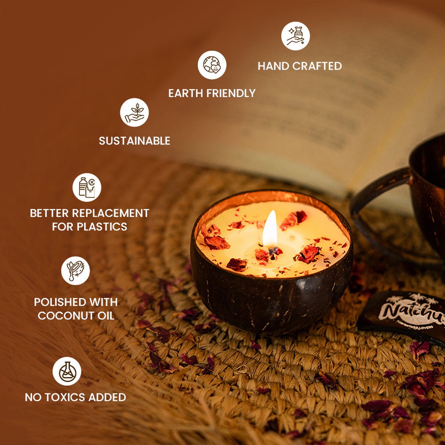 Natchu's Coconut Shell based Candles Glossy Round (150ml) -Rose,Spices & Coffee Beans Toppings (Set of each 1)