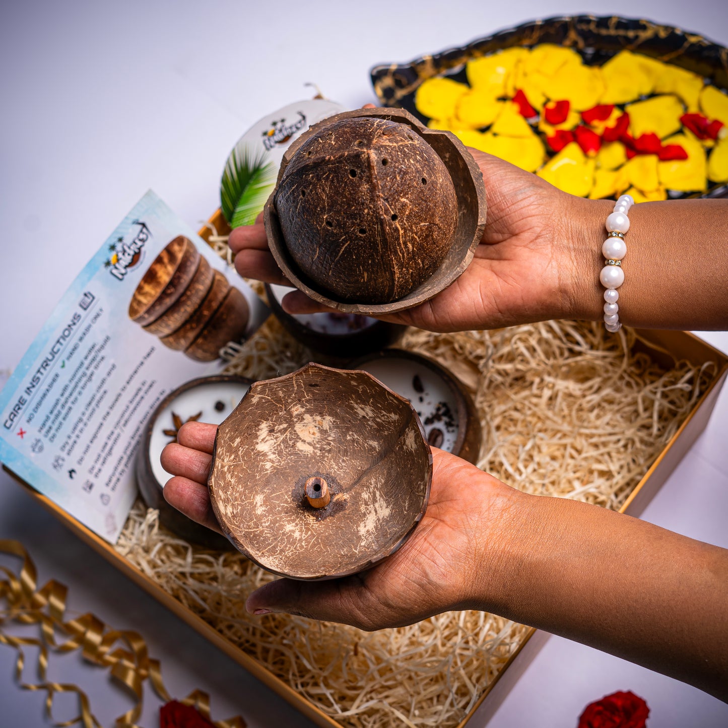 Gifting Natchu's Coconut Shell based Dhoop stand(Set of 1), Agarbatti Stand(Set of 1) and Candles as Glossy Round (100ml) Bowls filled with Rose & Spices Toppings (Set of 1 each)