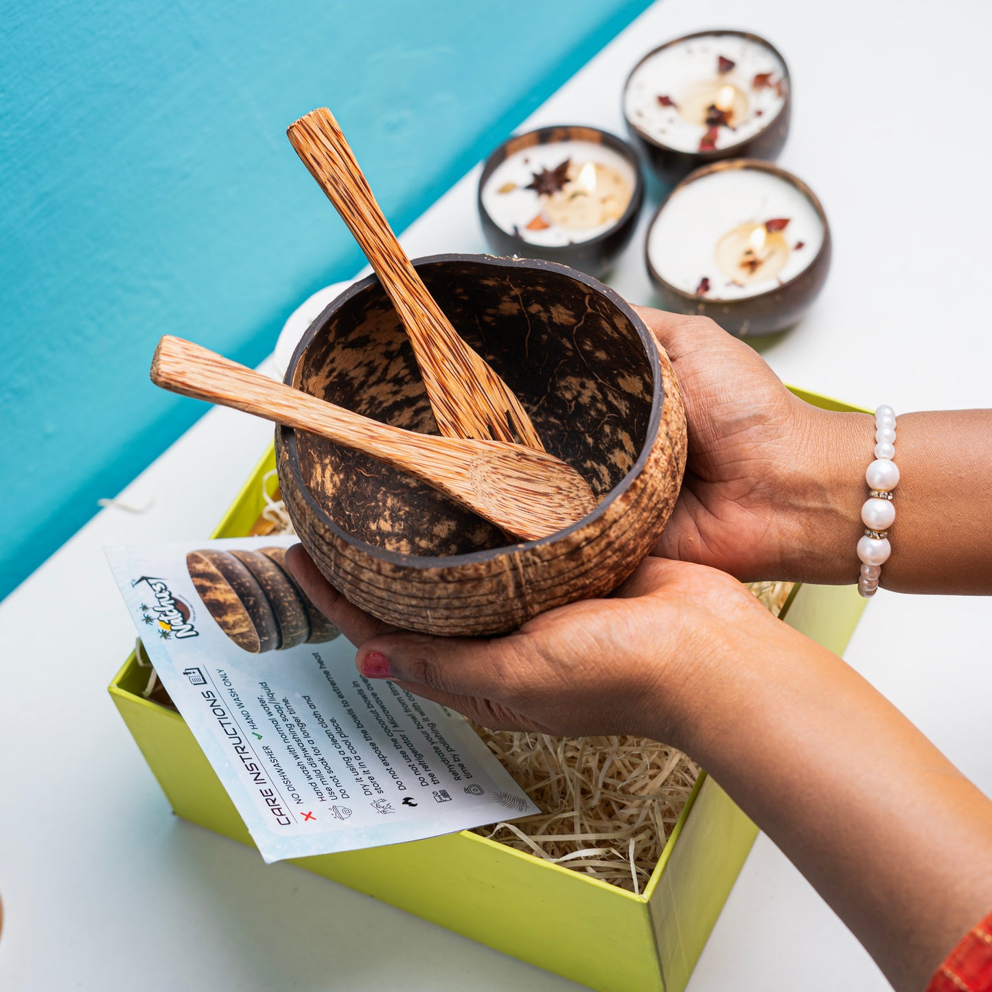 Gifting Natchu's Coconut Shell based Designer Rice Bowl (900ml) Horizontal Design Type-1 with Spoon & Fork Combo (Set of 1 each)