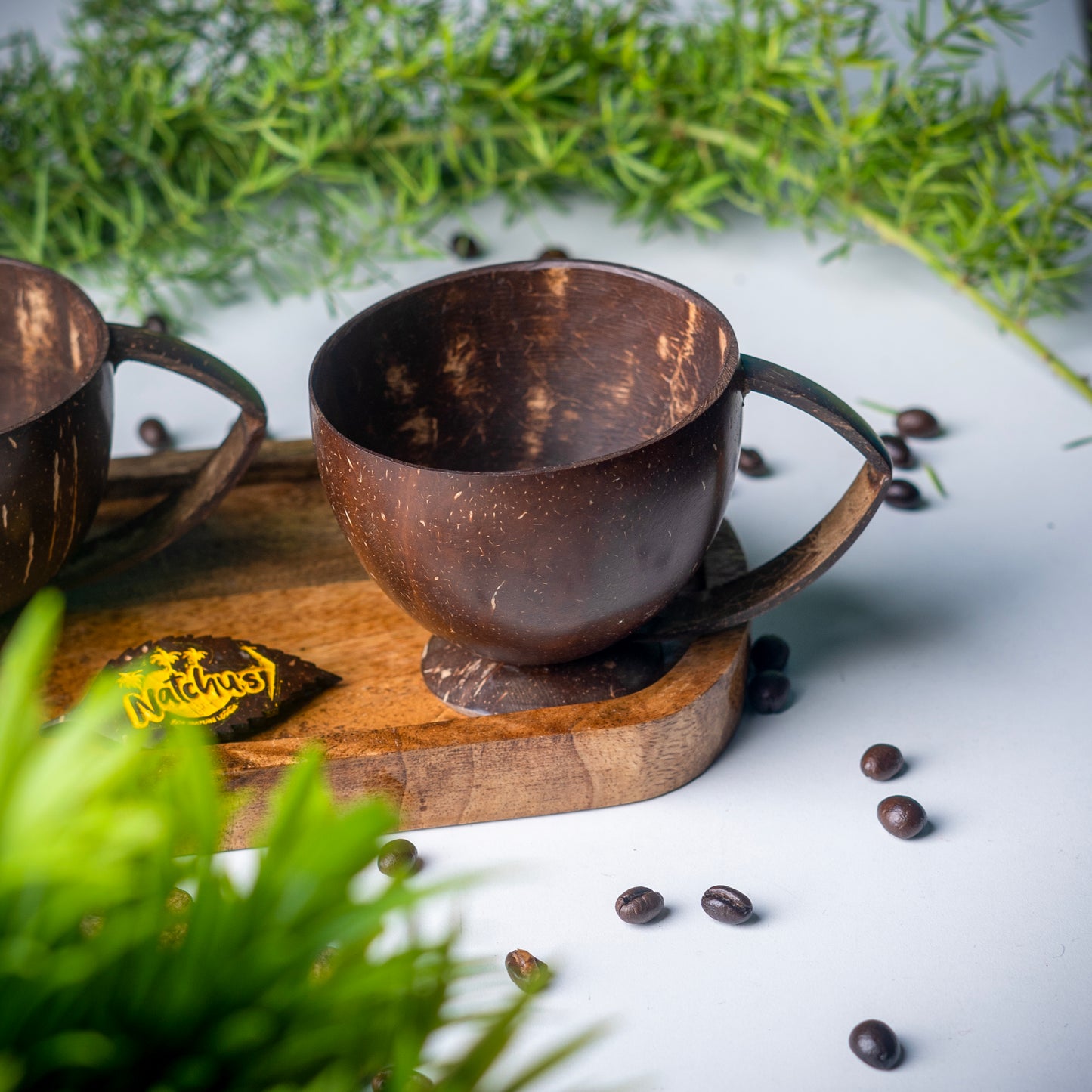 Natchu's Wooden Rectangular Plate(Size: 8 *5 inches) (Set of 1) with Coconut Shell based Tea Cup with Coconut Shell Handle (250ml) (Set of 2 each)
