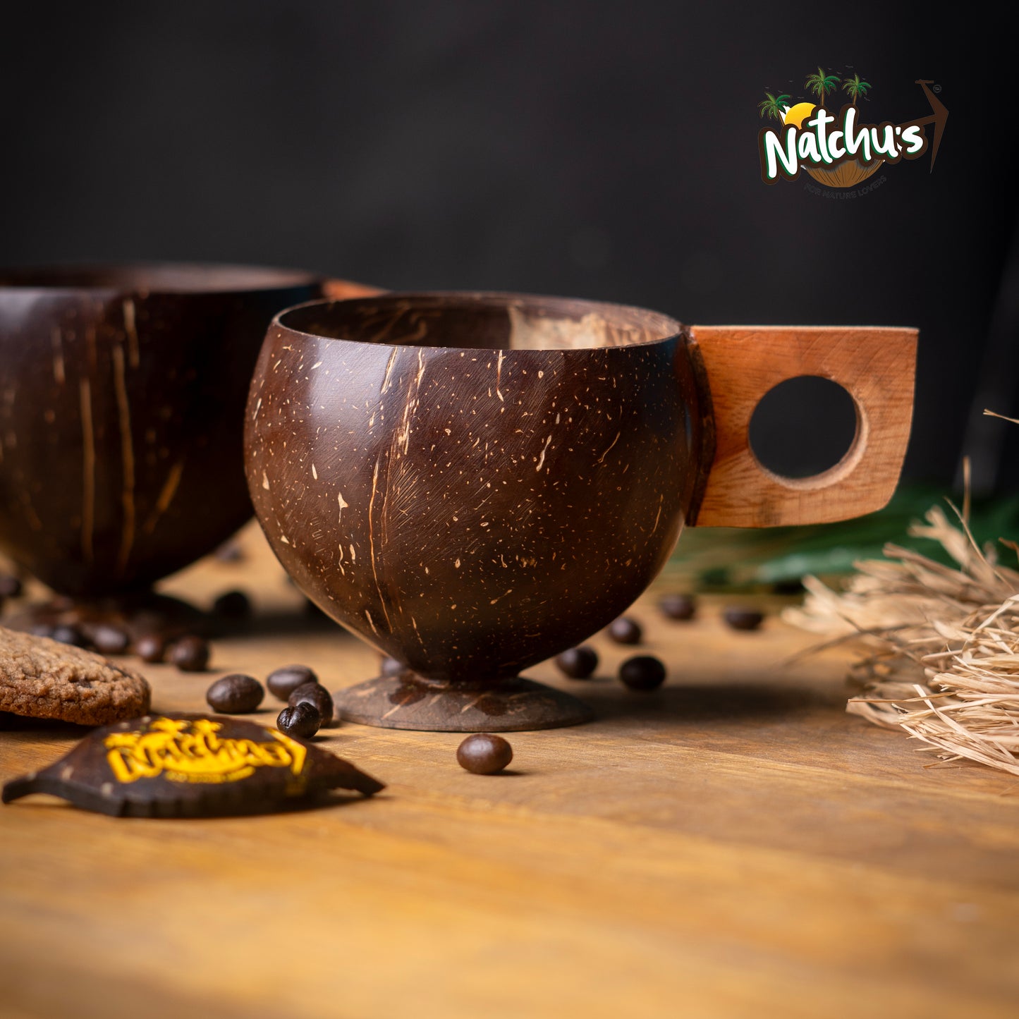 Natchu's Coconut Shell based Tea Cup with Wooden Handle (200ml) (Set of 2)