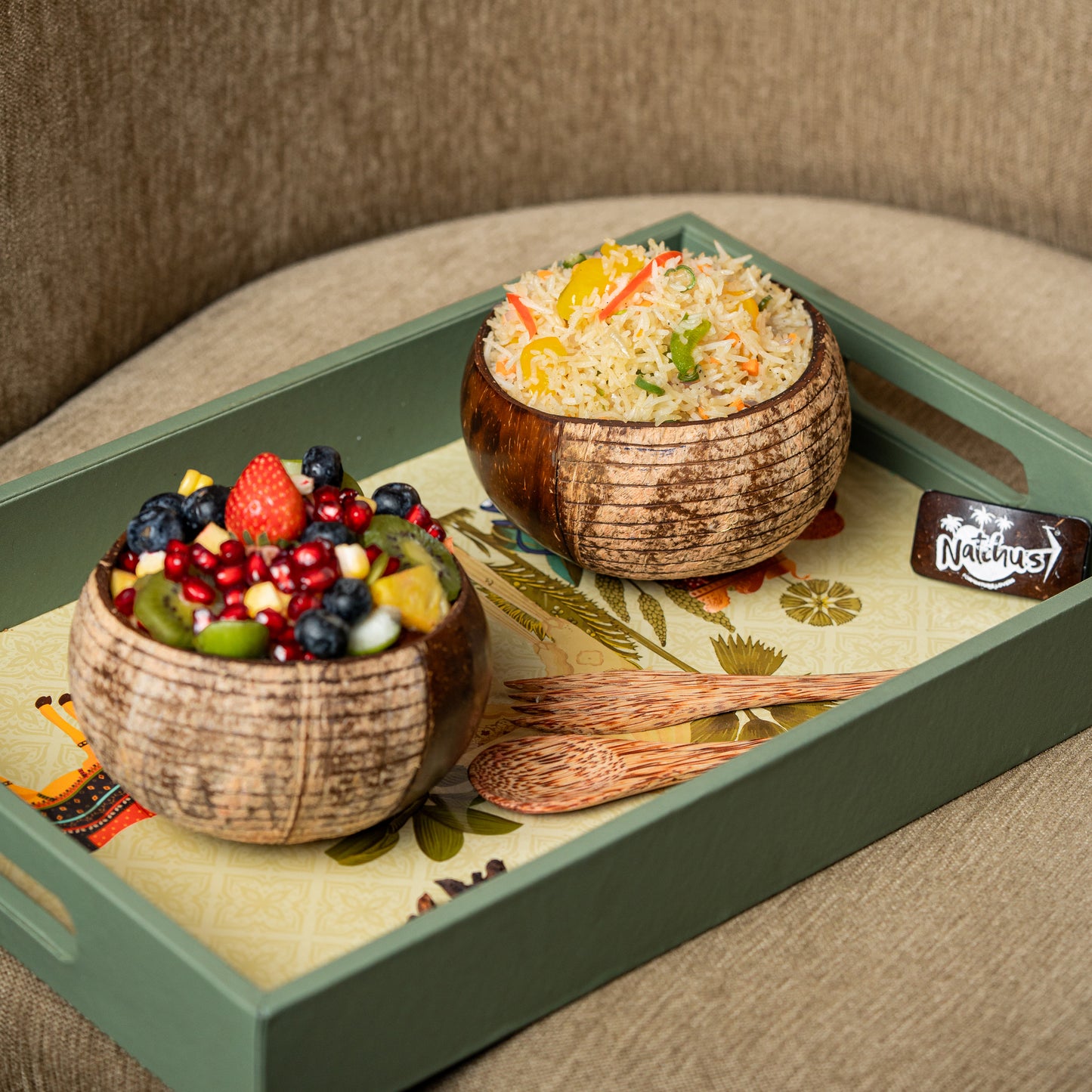 Natchu's Wooden Rectangular Plate(12" *9") (Set of 1) and Designer Rice Bowl (900ml) Vertical Design Type-1 with Spoon & Fork Combo (Set of 2 each)