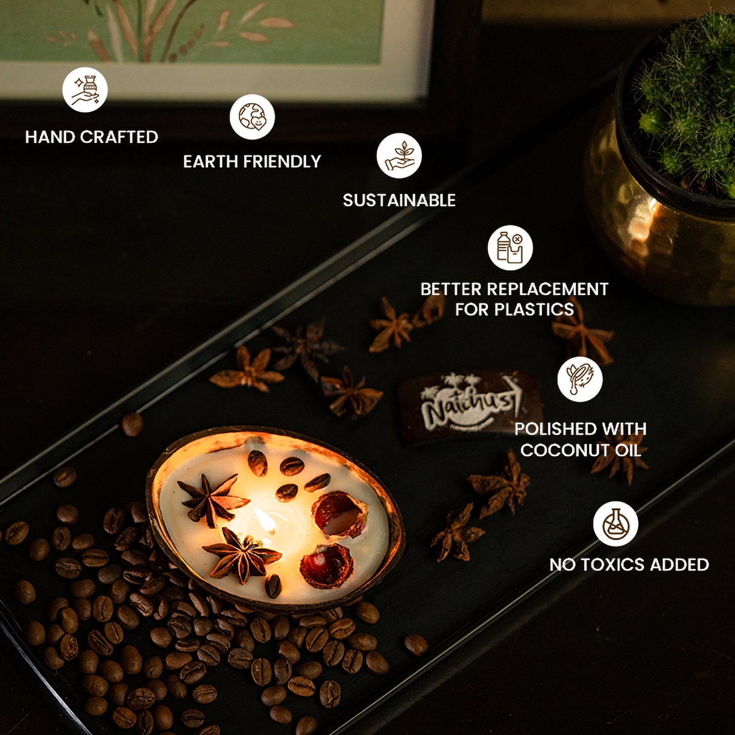Natchu's Coconut Shell based Candles Glossy Oval (100ml) -Rose,Spices & Coffee Beans Toppings (Set of each 1)