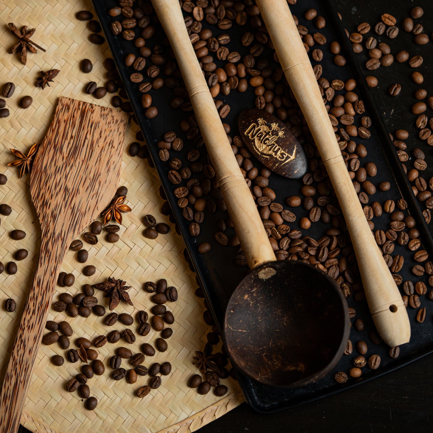 Natchu's Coconut Shell and wood based Laddle & Spatula (set of 1 each) Combo & Masala Spoon (Set of 6)