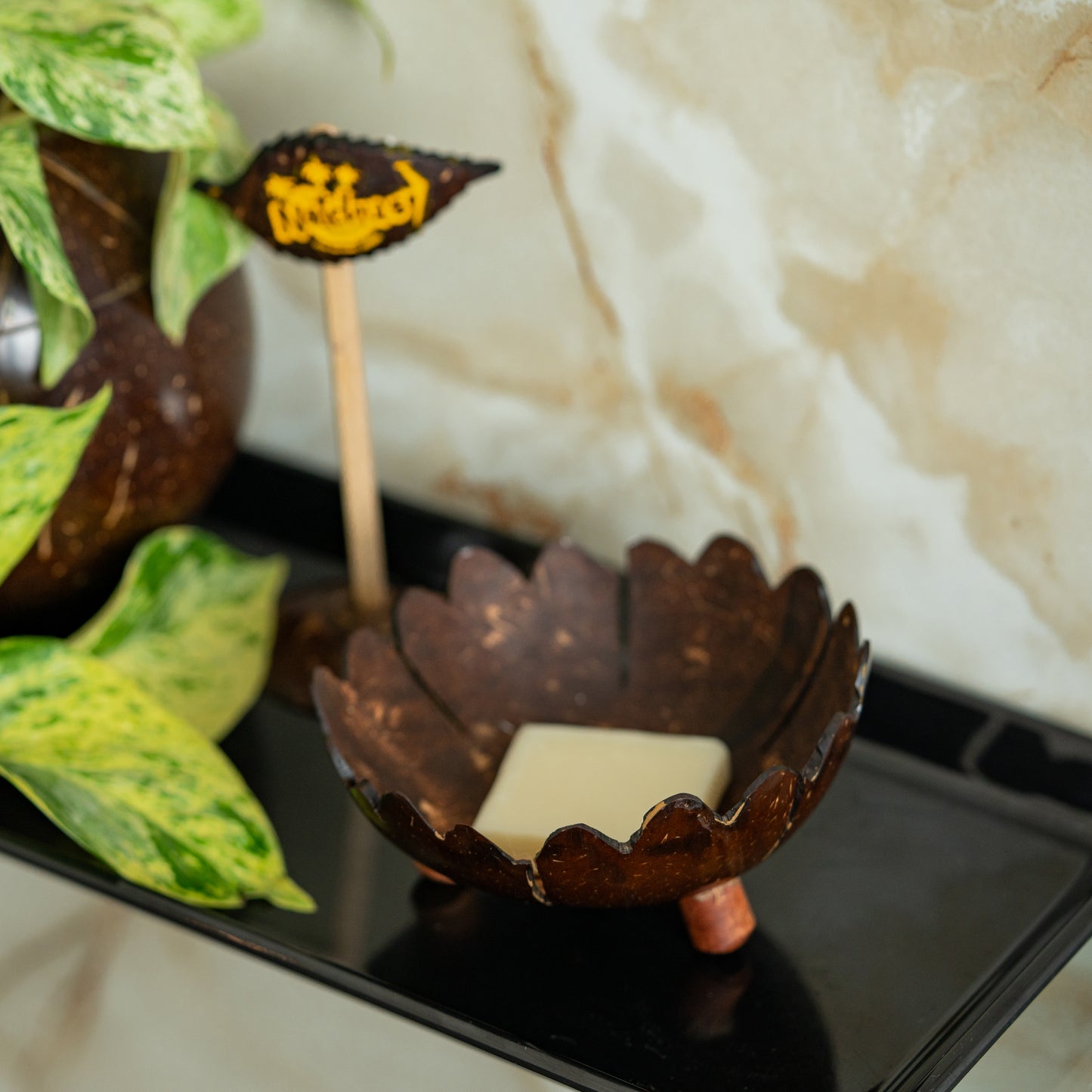 Natchu's Coconut Shell based Soap Tray Floweral Type (Set of 2)