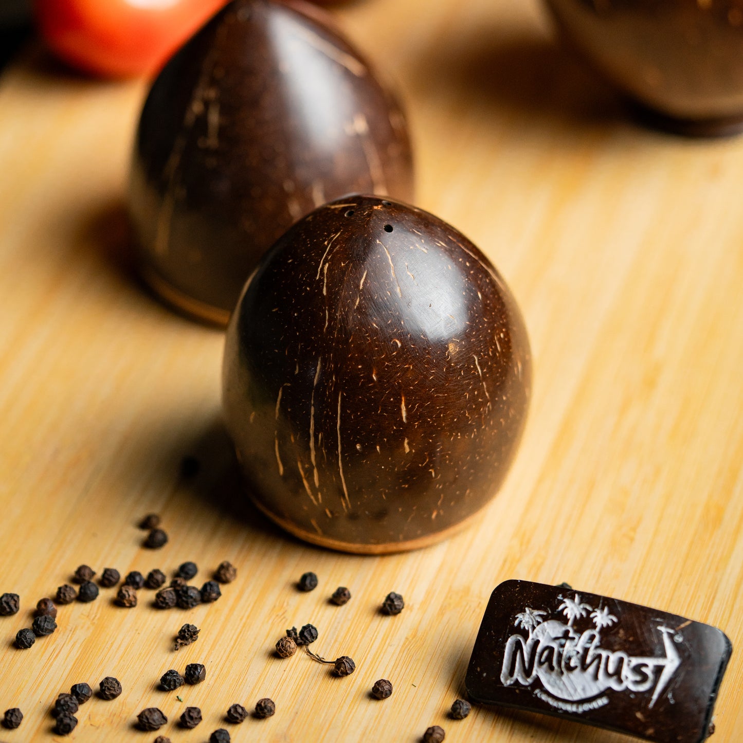 Natchu's Coconut Shell and wood based Salt/Pepper Shaker in Conical Shape with Engraving (Set of 2)