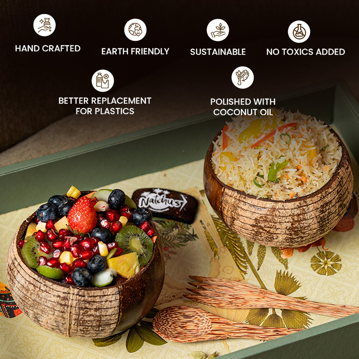 Natchu's Coconut Shell based Designer Rice Bowl (900ml) Vertical Design Type-1 with Coconut wood based Spoon & Fork Combo (Set of 1 each)